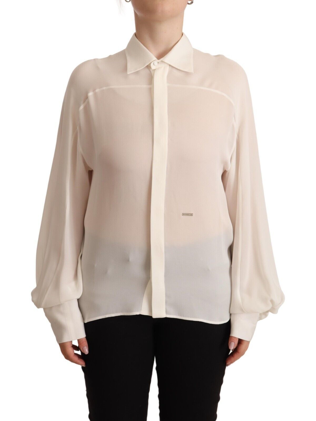 - Elegant Off White Silk Long Sleeve Blouse