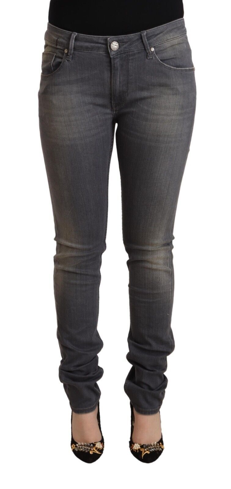- Elegant Dark Gray Skinny Jeans - Low Waist Zip Closure
