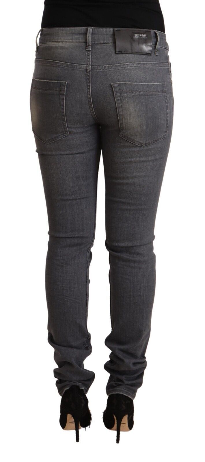 - Elegant Dark Gray Skinny Jeans - Low Waist Zip Closure