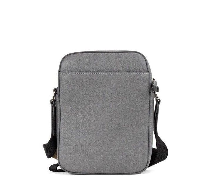 - Thornton Small Grey Embossed Logo Grainy Leather Crossbody Handbag