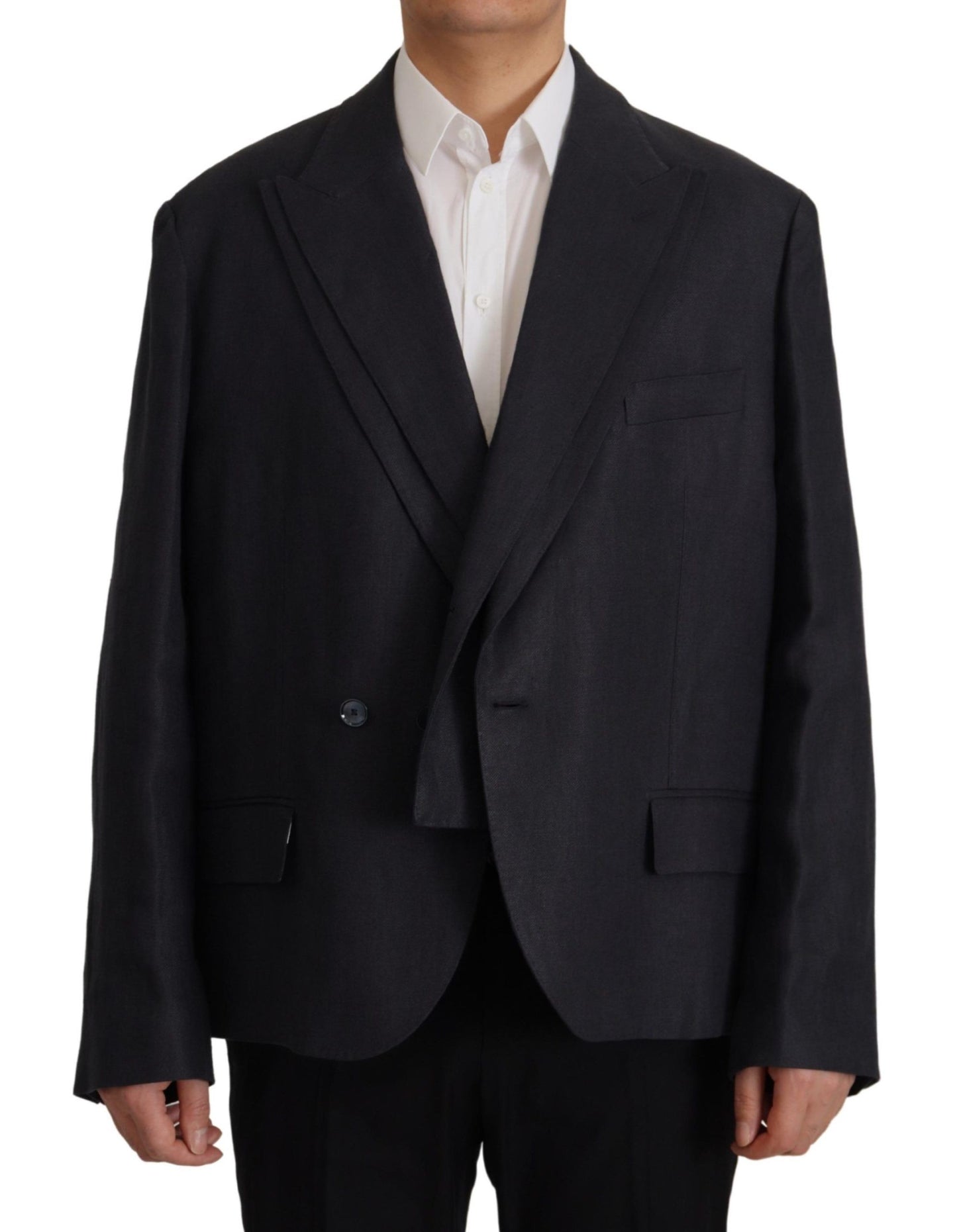 - Sleek Double Breasted Navy Linen Blazer