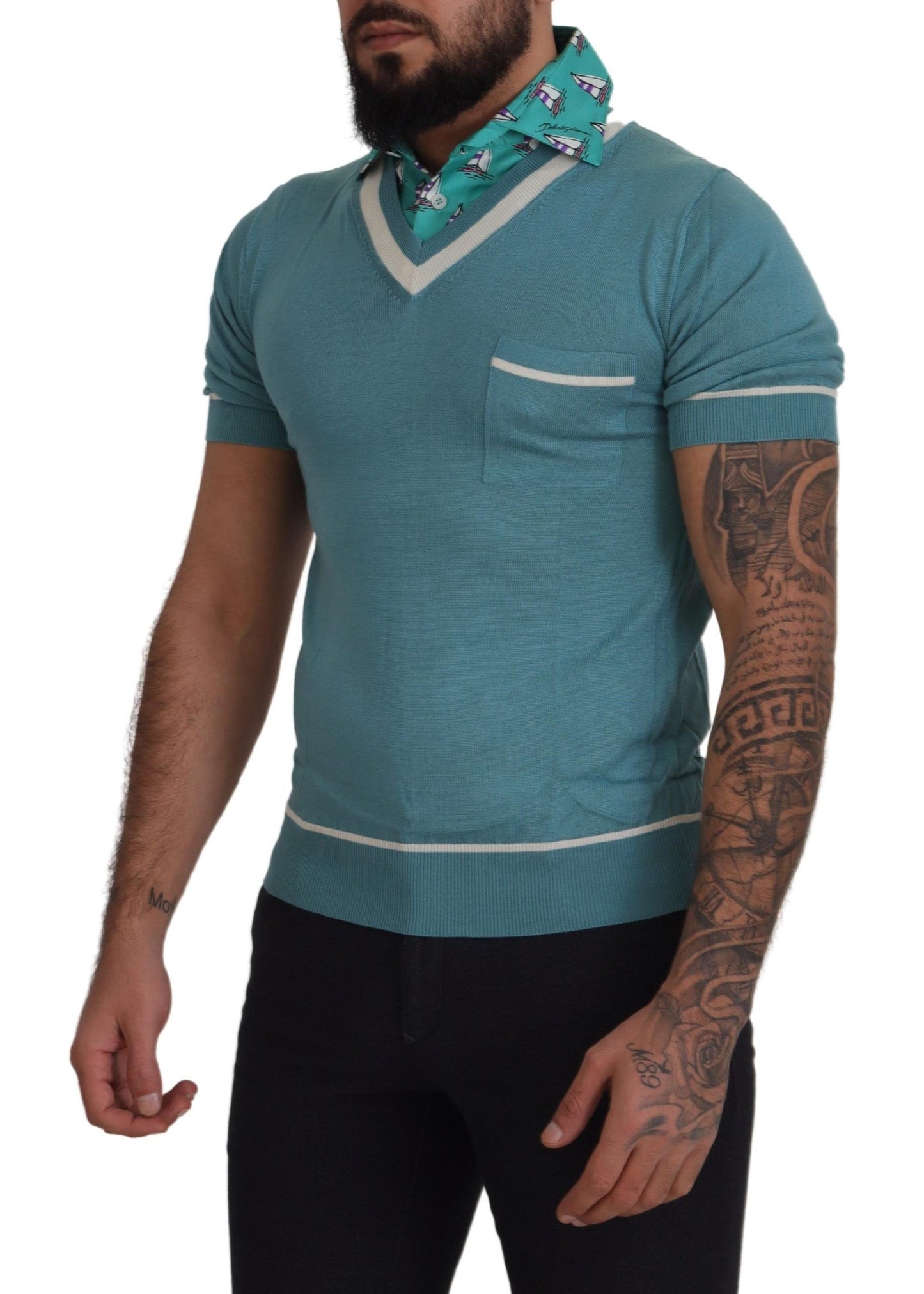 - Elegant Silk Polo Tee with Boat Collar Print