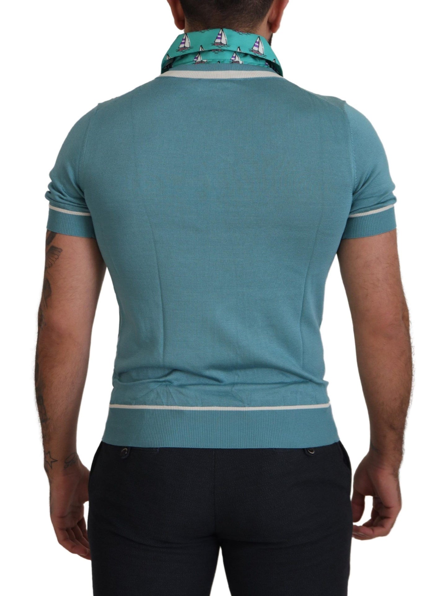 - Elegant Silk Polo Tee with Boat Collar Print