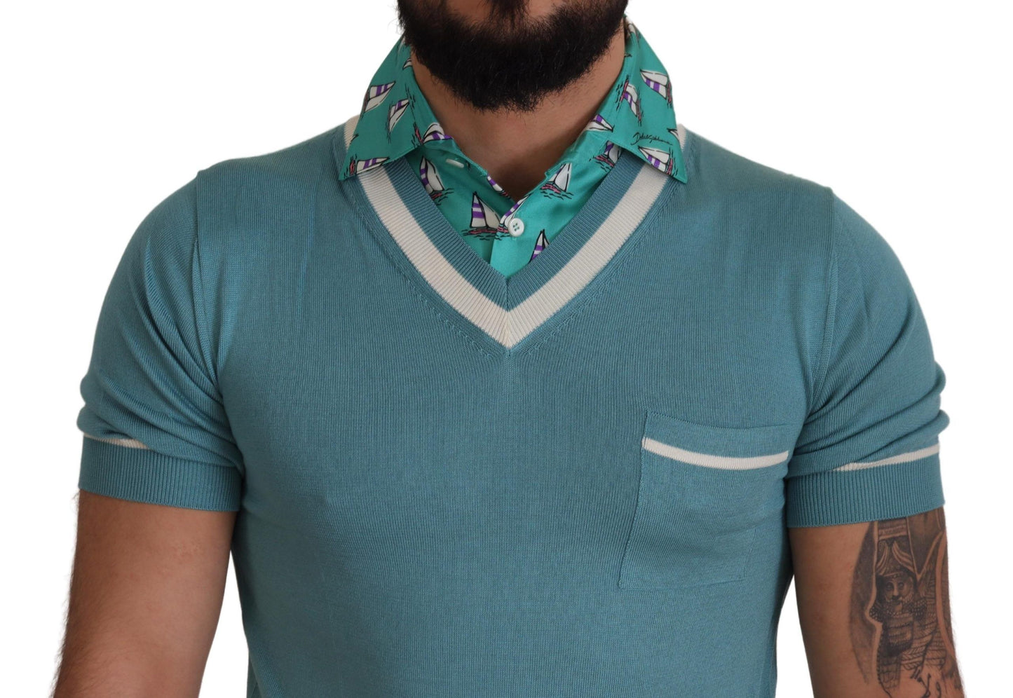 - Elegant Silk Polo Tee with Boat Collar Print