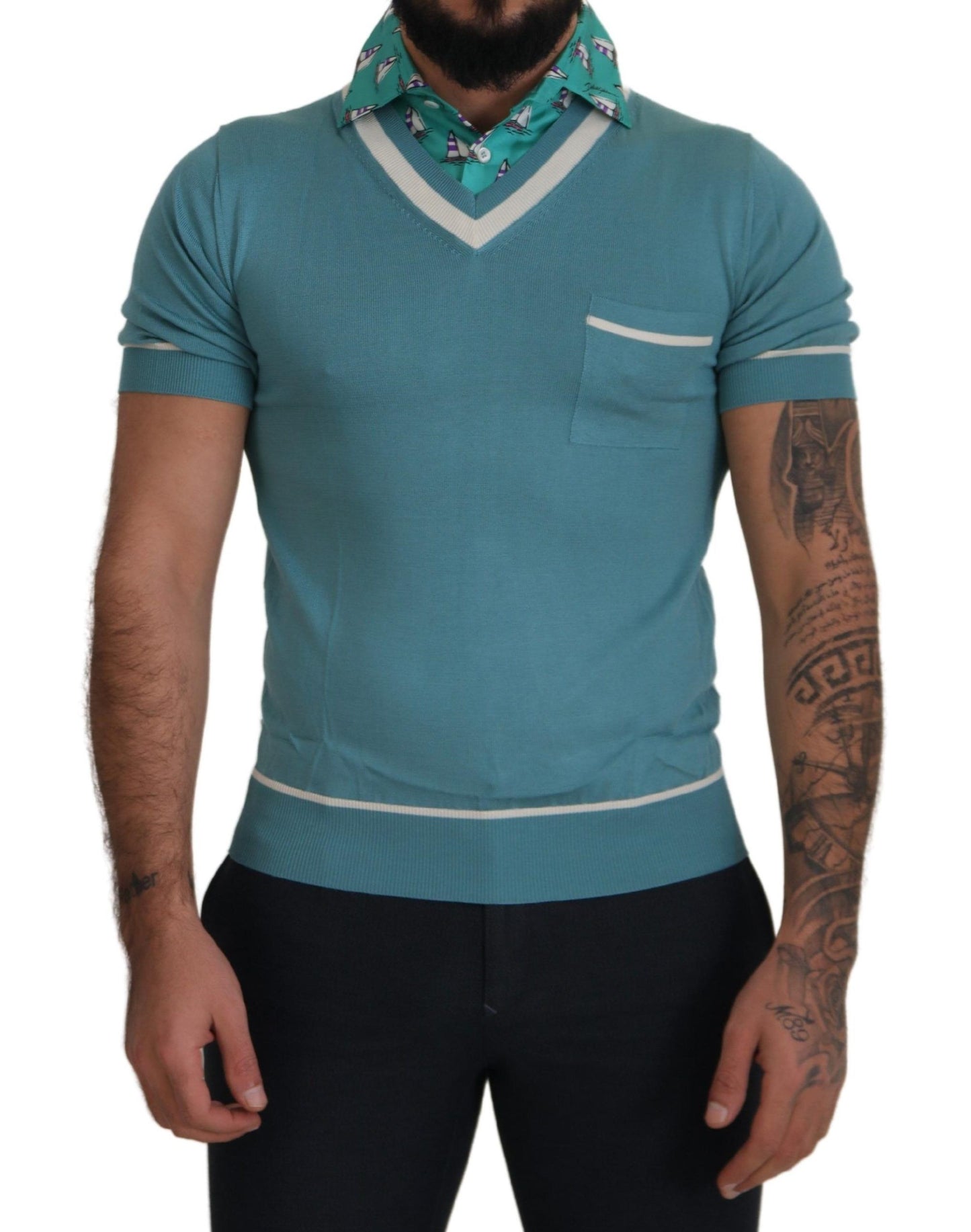 - Elegant Silk Polo Tee with Boat Collar Print