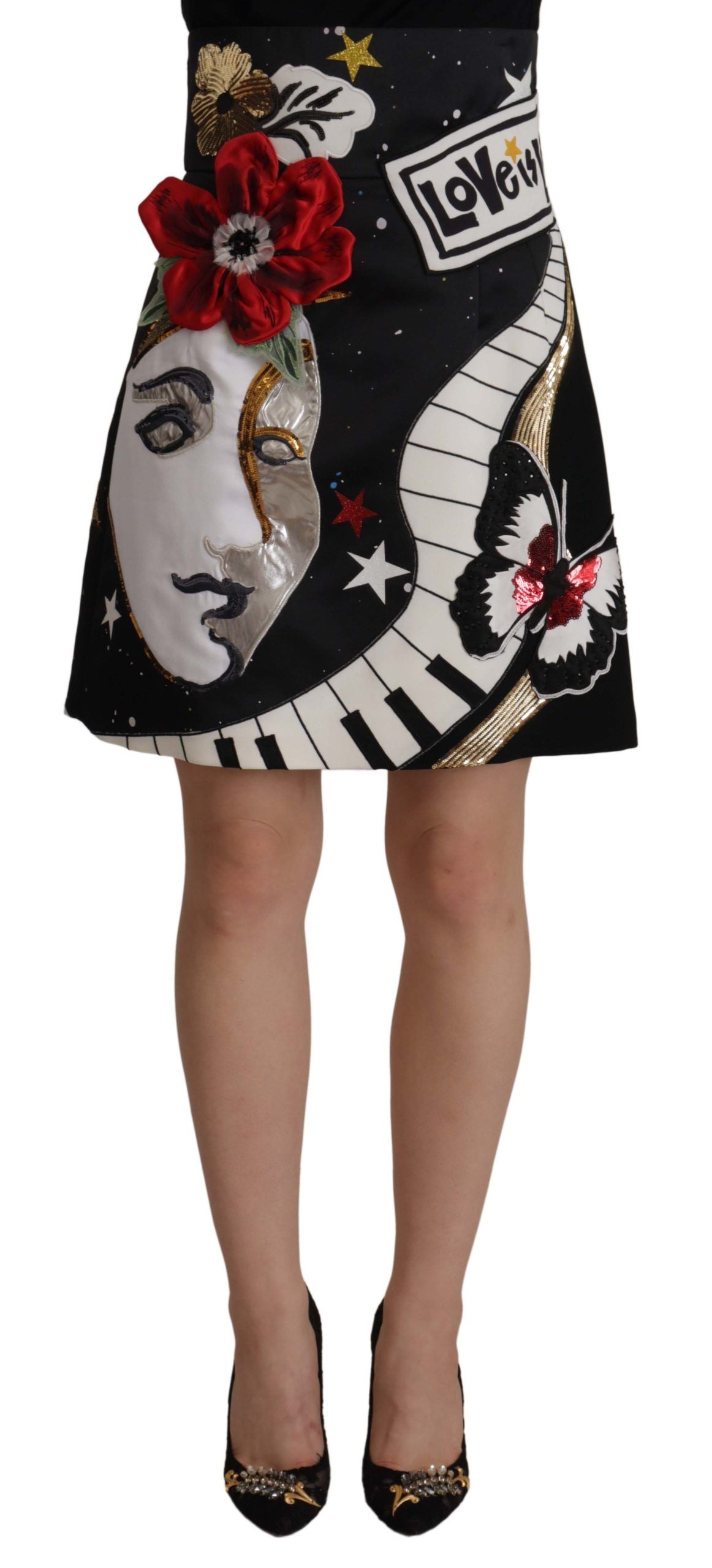 - High-Waist A-Line Embellished Black Skirt