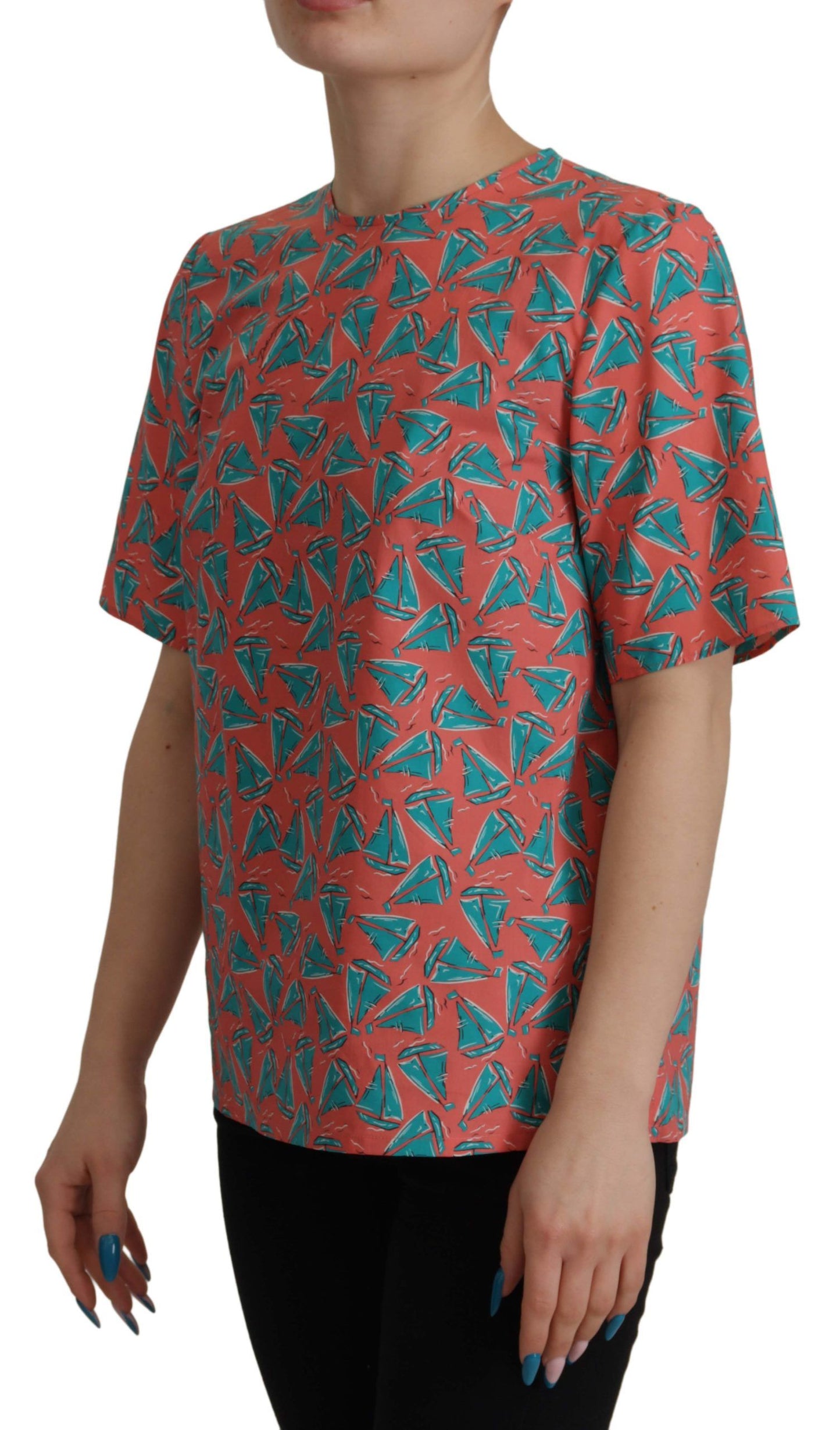 - Chic Pink Sailboat Print Cotton Top