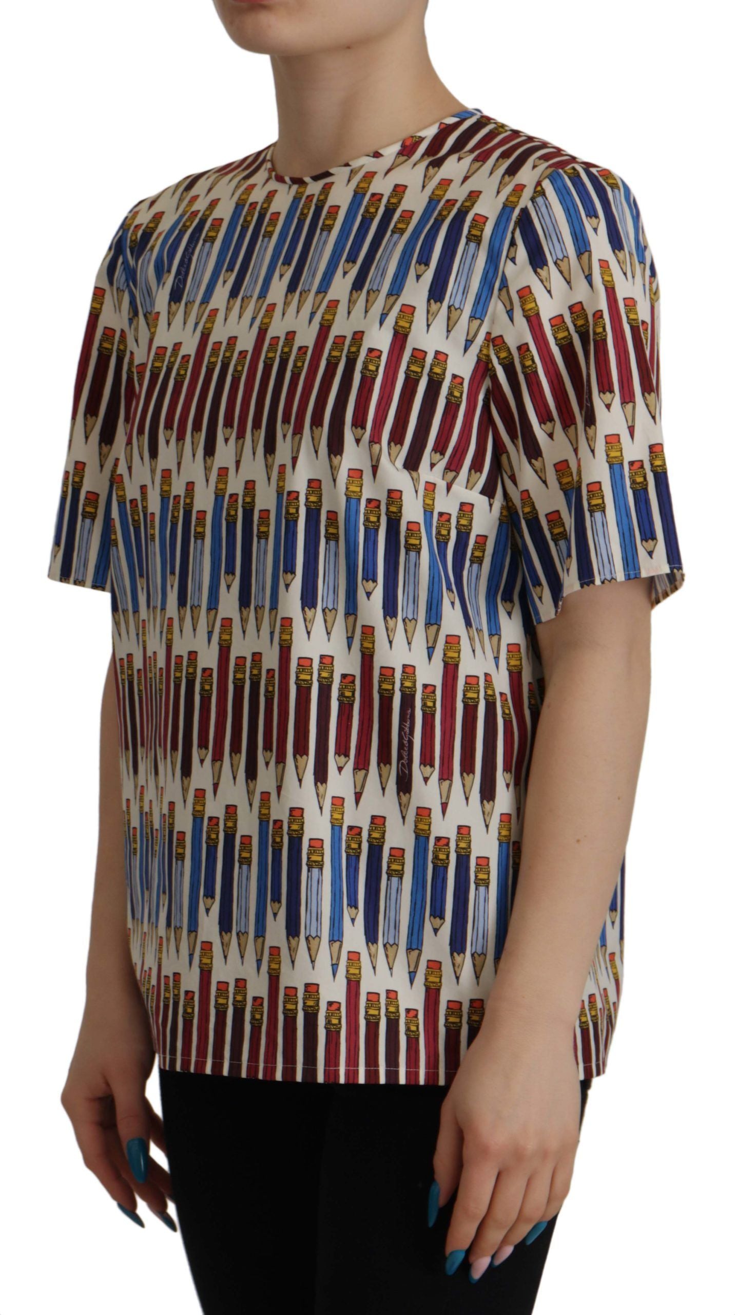 - Chic White Pencil Print Short Sleeve Blouse