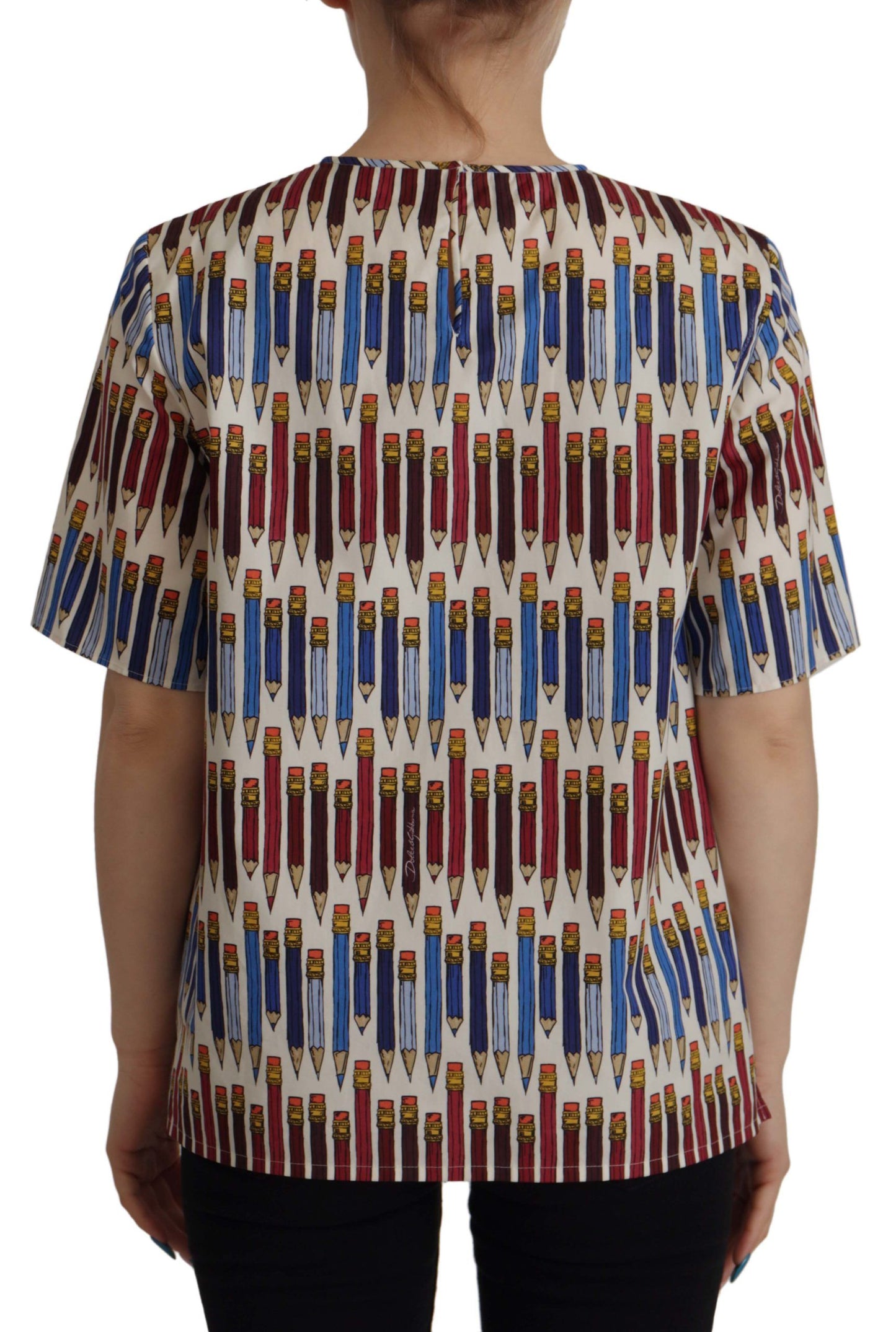 - Chic White Pencil Print Short Sleeve Blouse