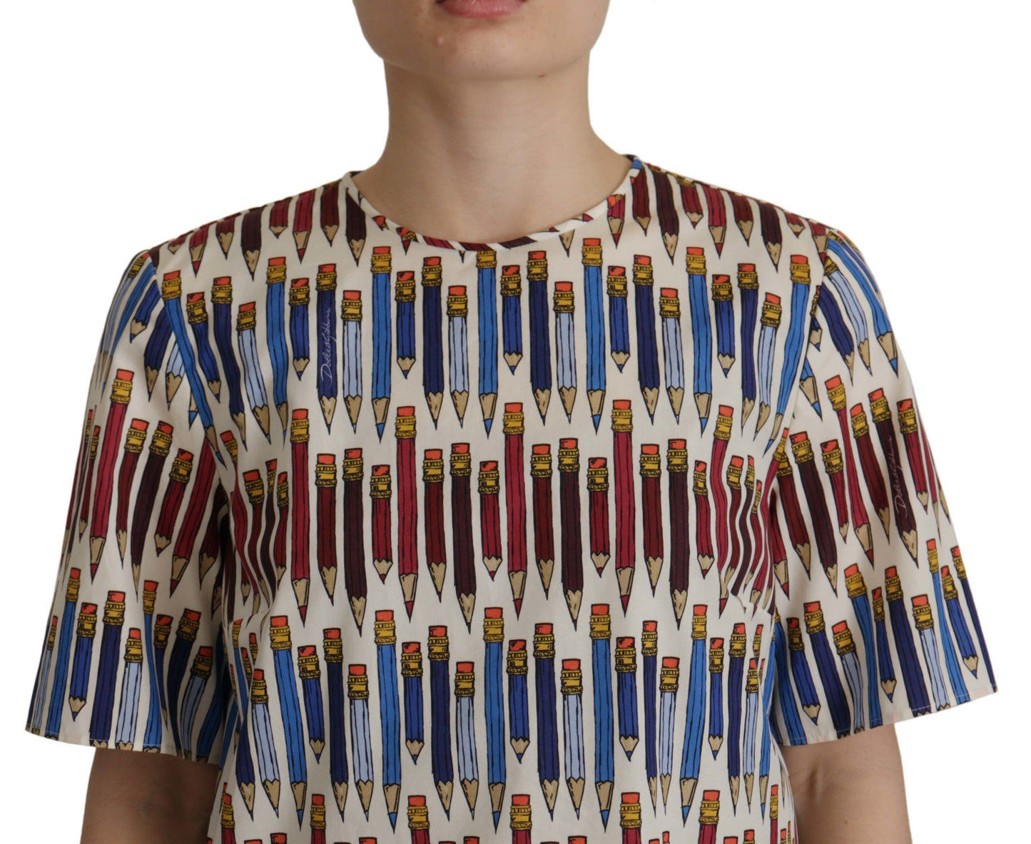- Chic White Pencil Print Short Sleeve Blouse