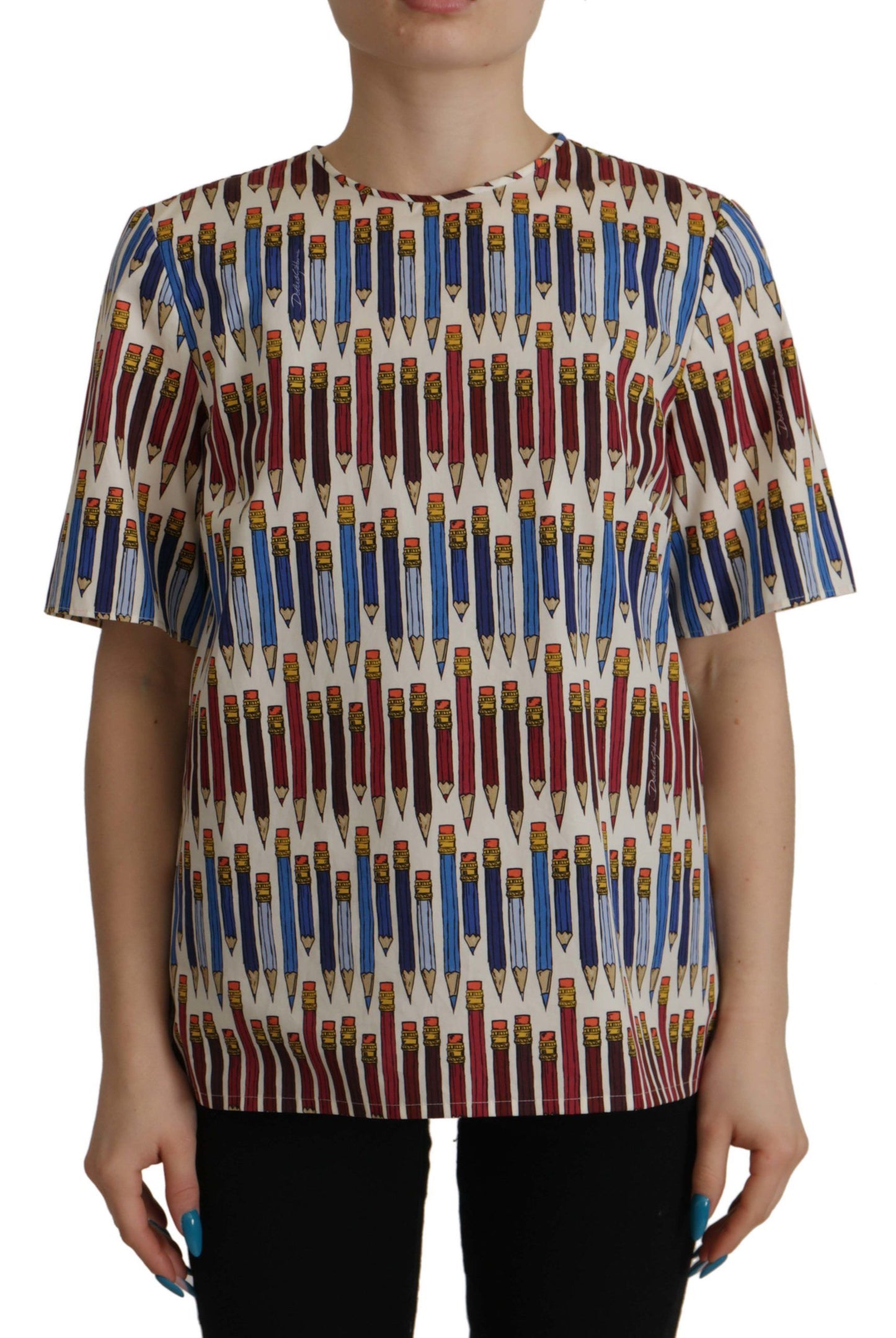 - Chic White Pencil Print Short Sleeve Blouse