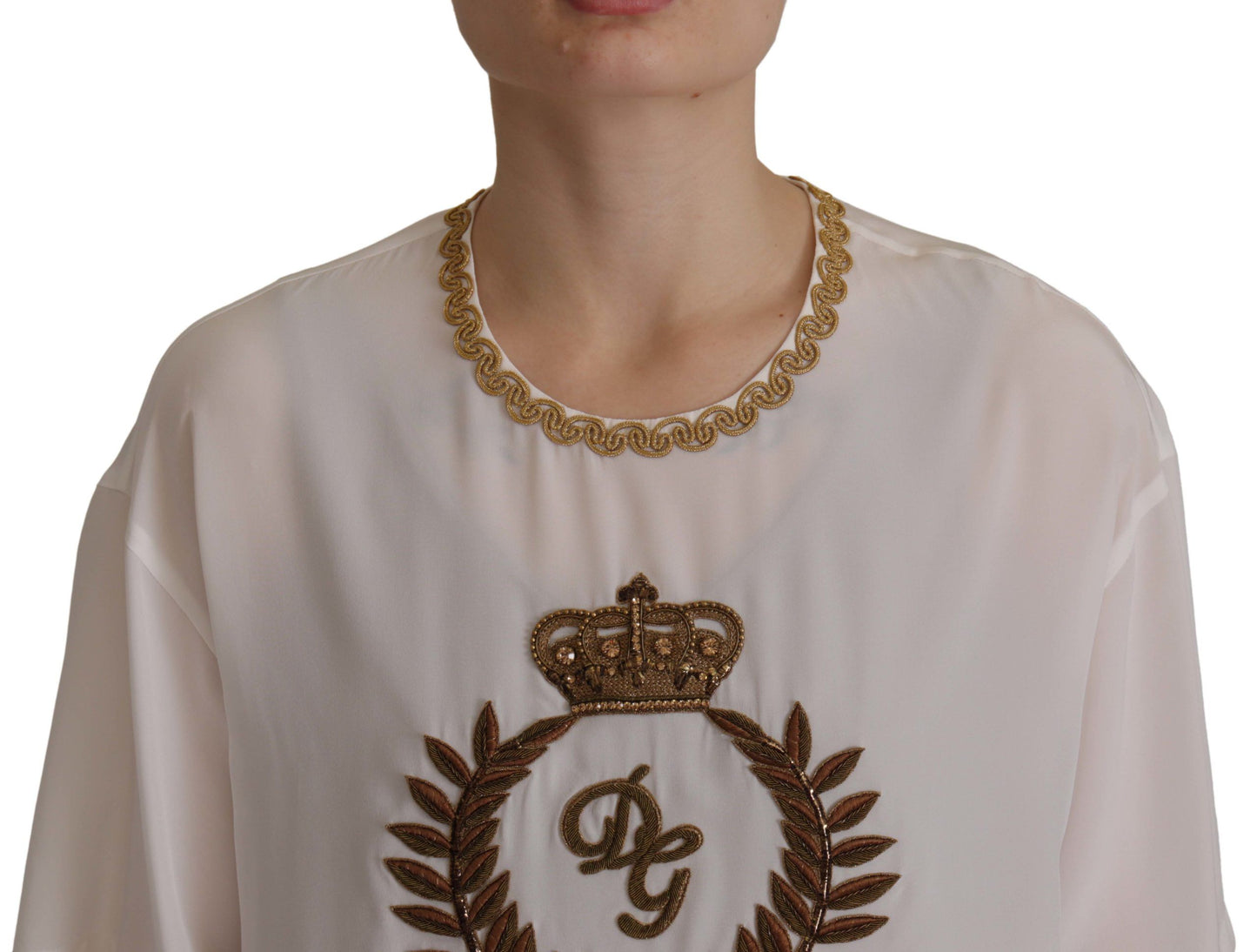 - Elegant Silk Blouse with Gold Crown Embroidery