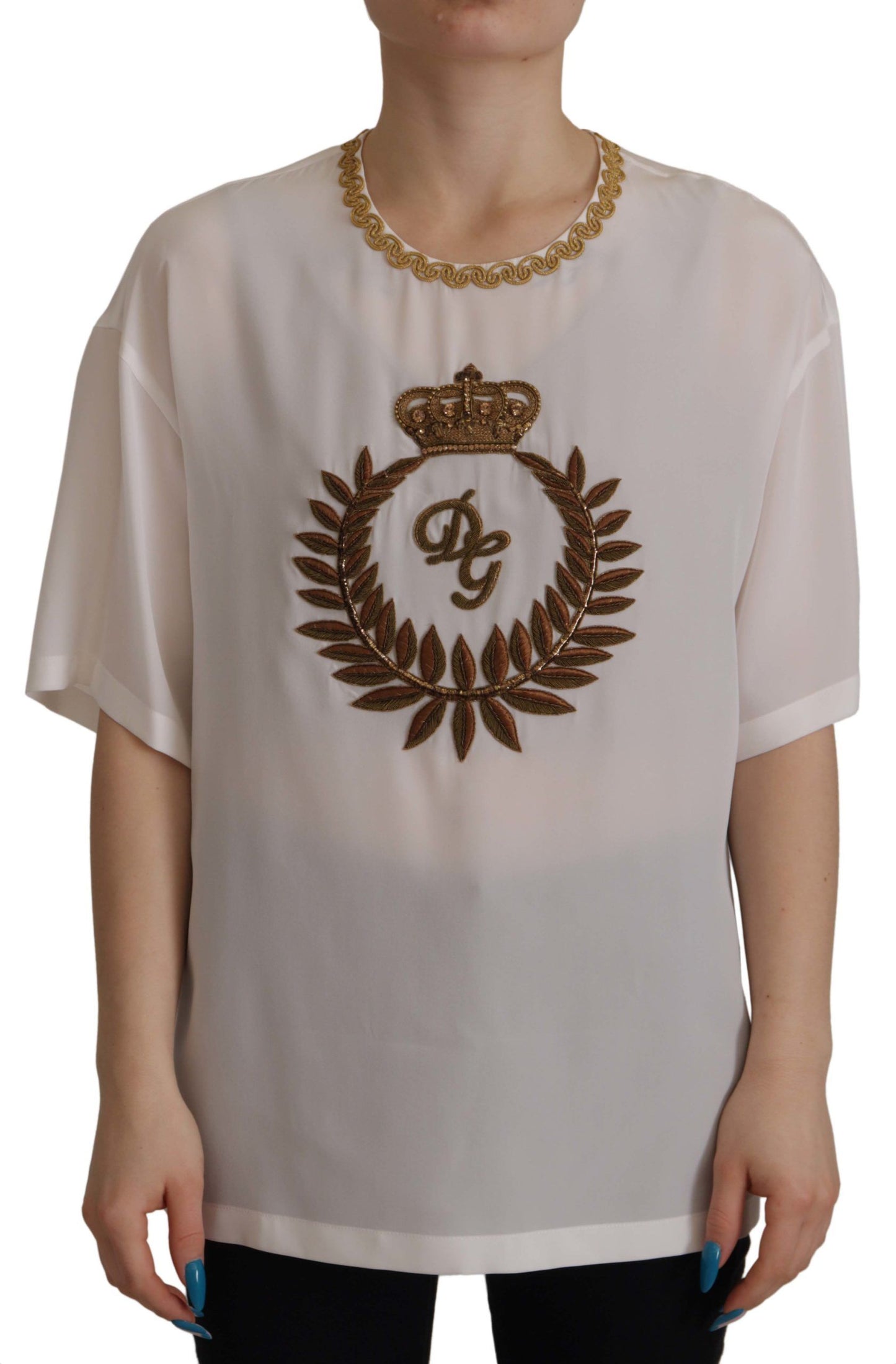 - Elegant Silk Blouse with Gold Crown Embroidery