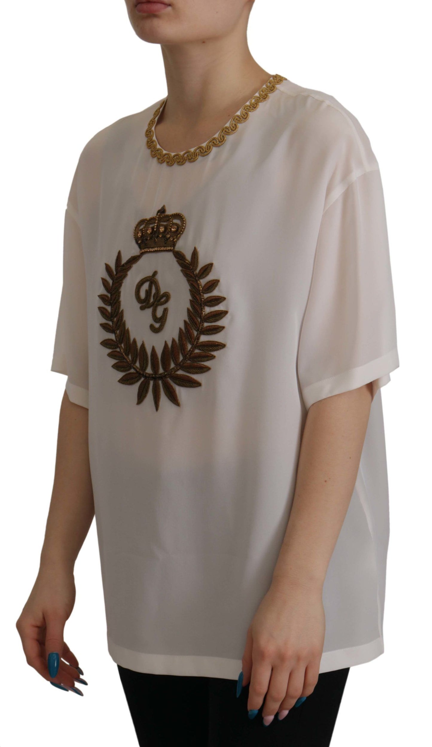 - Elegant Silk Blouse with Gold Crown Embroidery