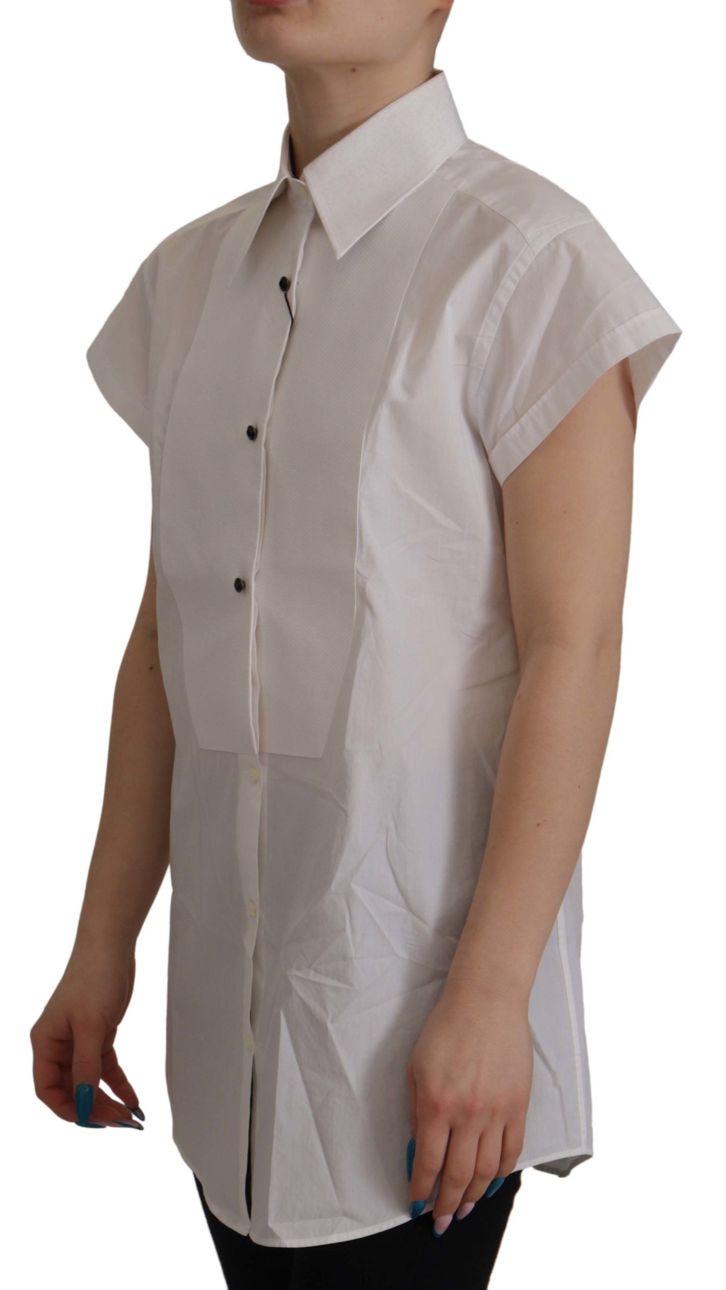 - Elegant Sleeveless Tuxedo Blouse with Crystal Buttons