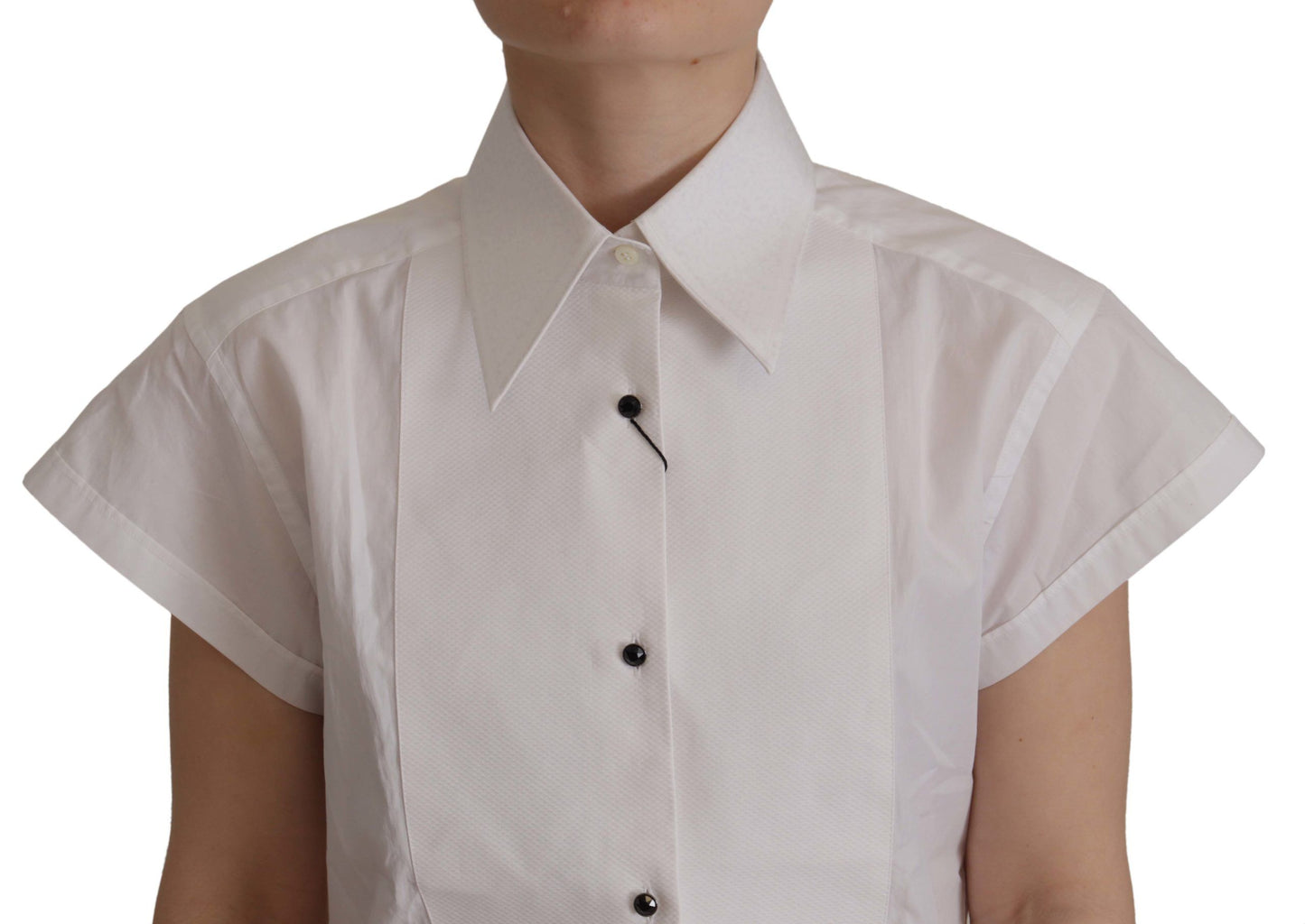 - Elegant Sleeveless Tuxedo Blouse with Crystal Buttons