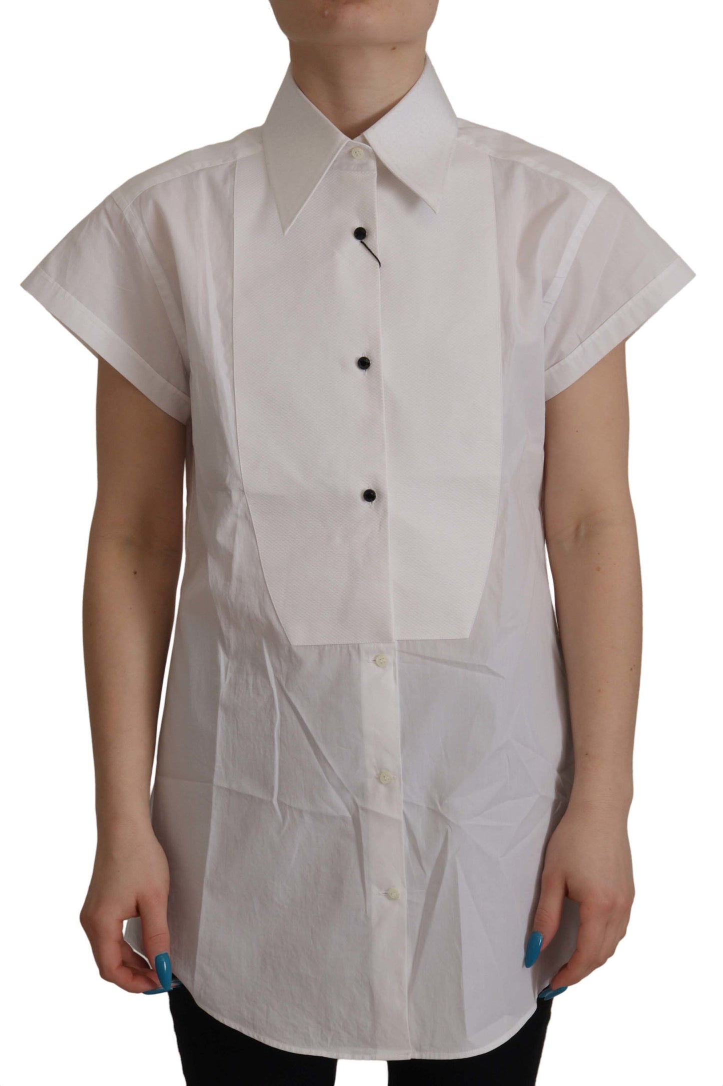 - Elegant Sleeveless Tuxedo Blouse with Crystal Buttons