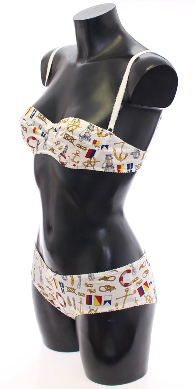 - Elegant White Sailor Print Lingerie Set