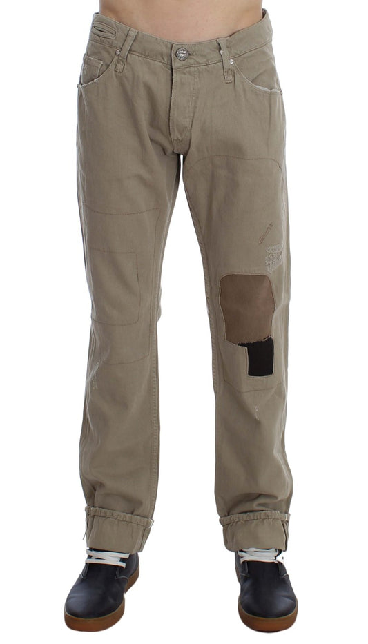 - Beige Straight Fit Cotton Jeans for Men