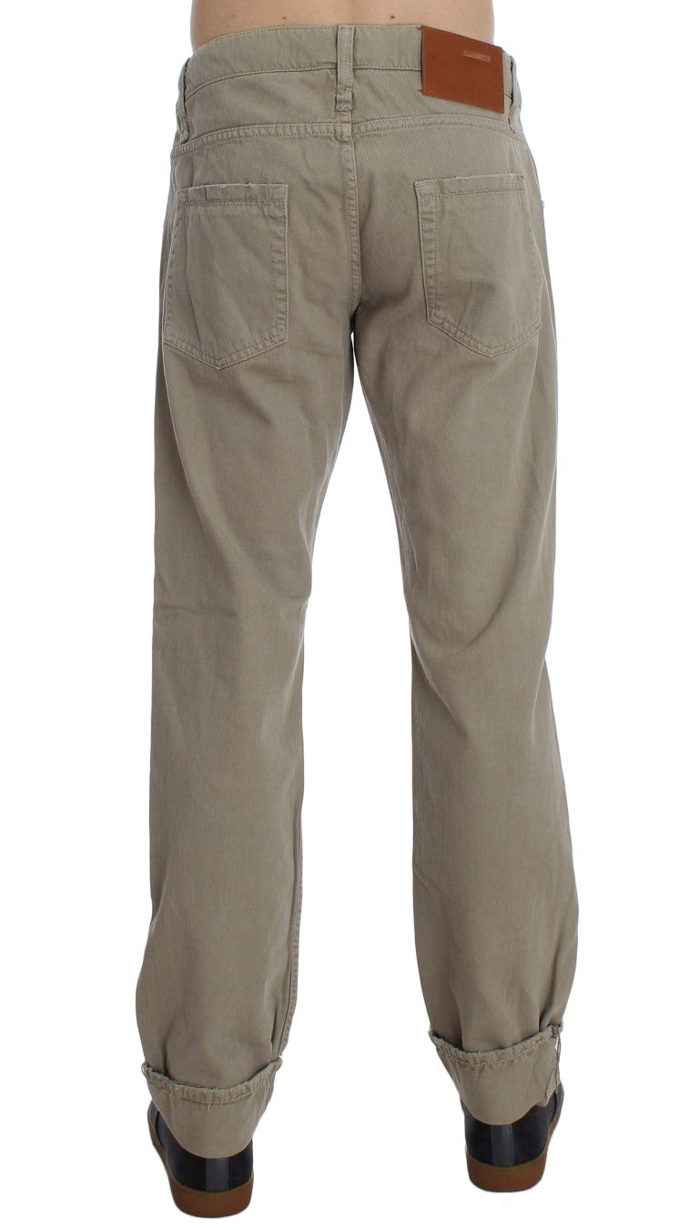 - Beige Straight Fit Cotton Jeans for Men