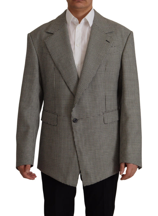 - Elegant Gray Checkered Wool Blazer