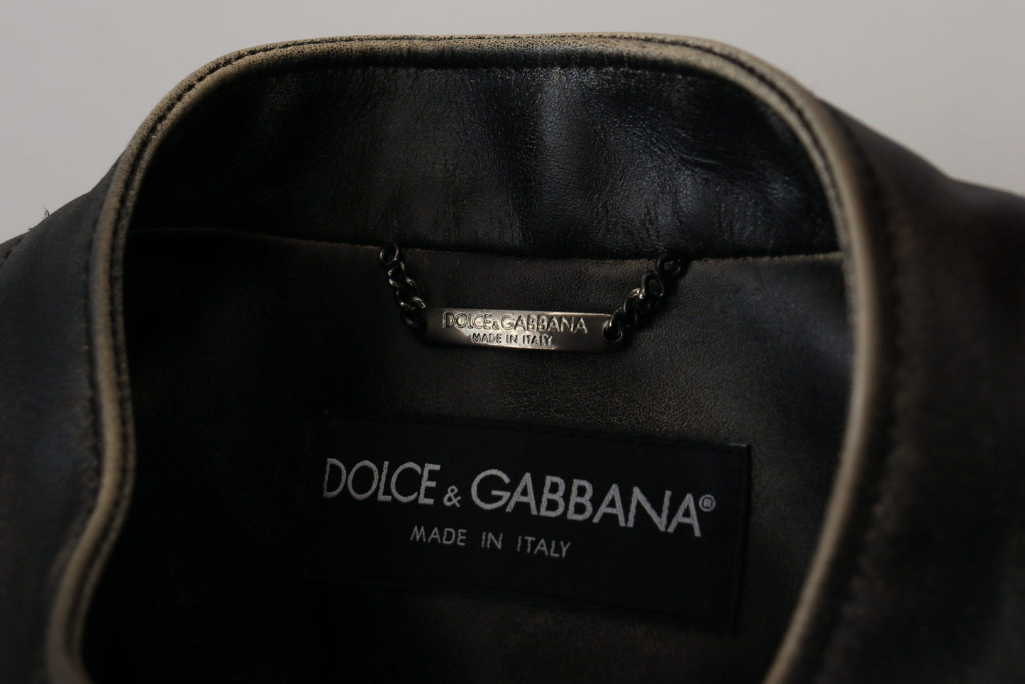Elegant Black Leather Jacket with Silver Details by Dolce & Gabbana