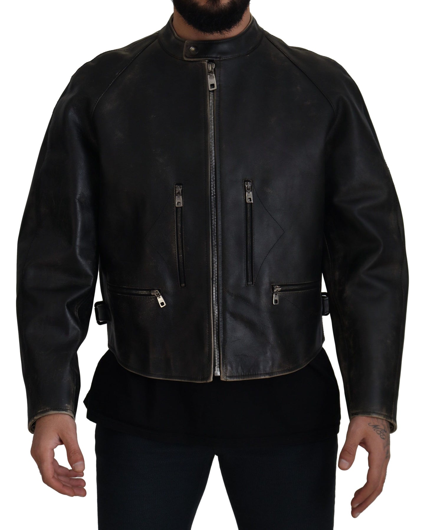 - Elegant Black Leather Jacket with Silver Details