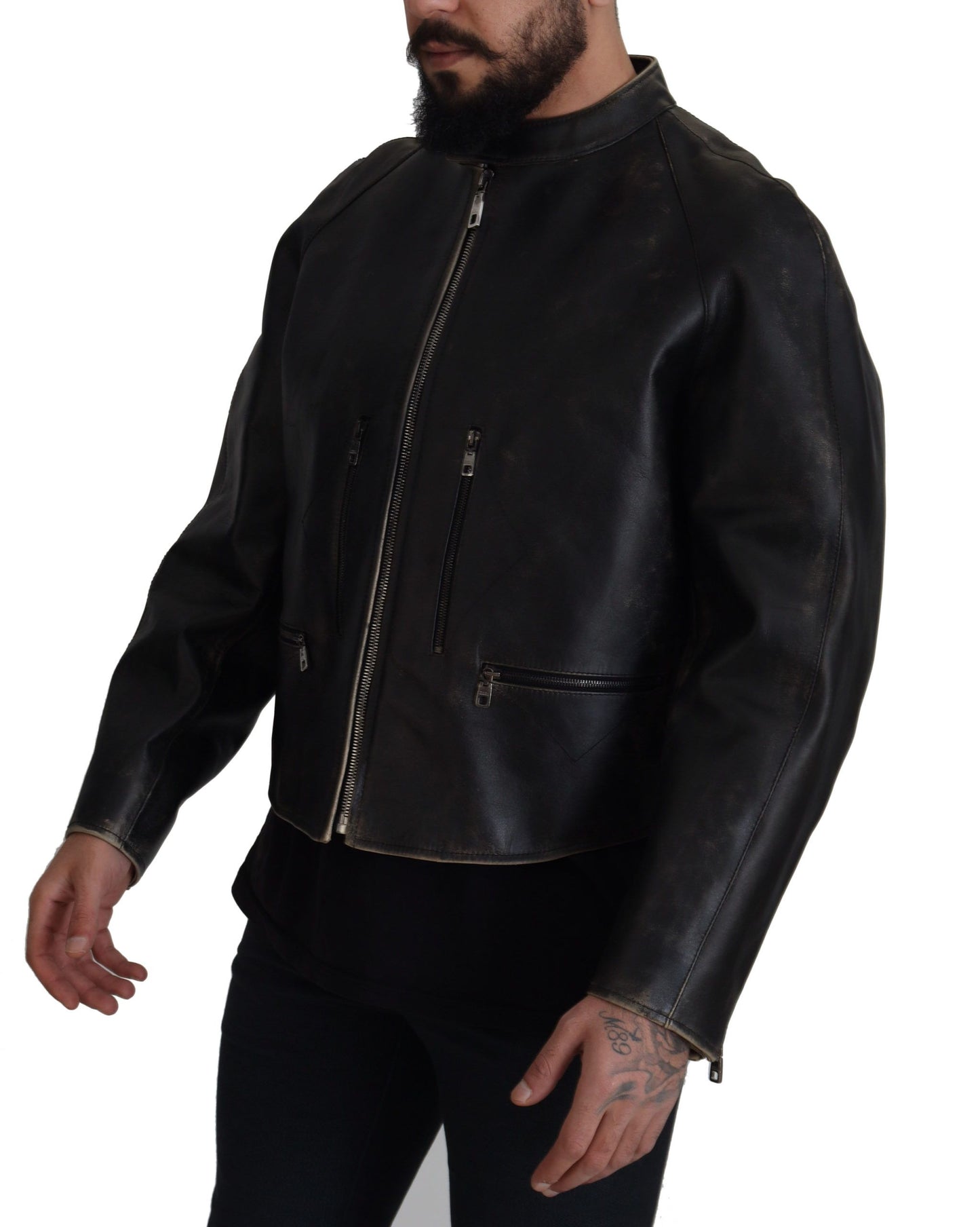 - Elegant Black Leather Jacket with Silver Details