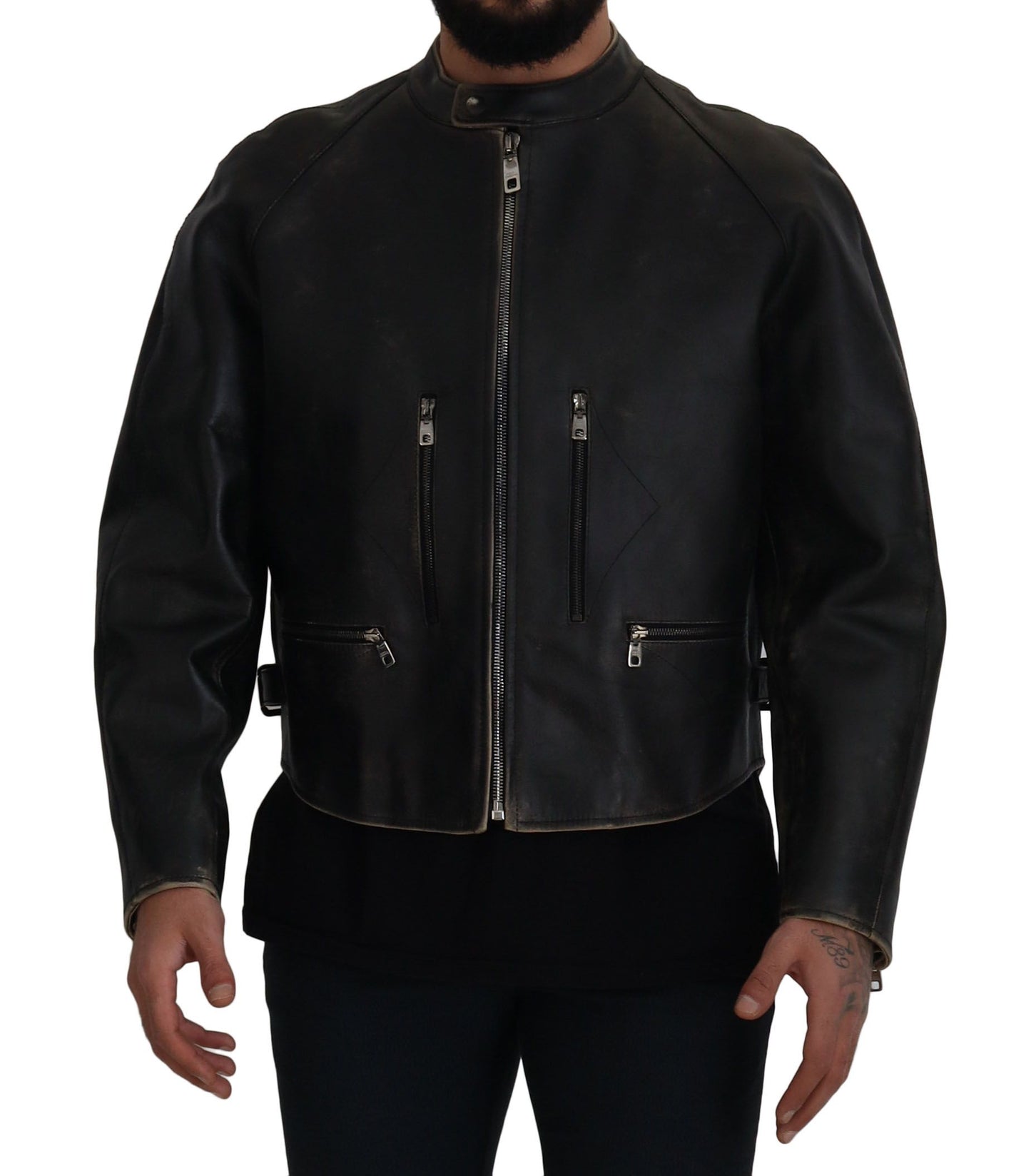 - Elegant Black Leather Jacket with Silver Details