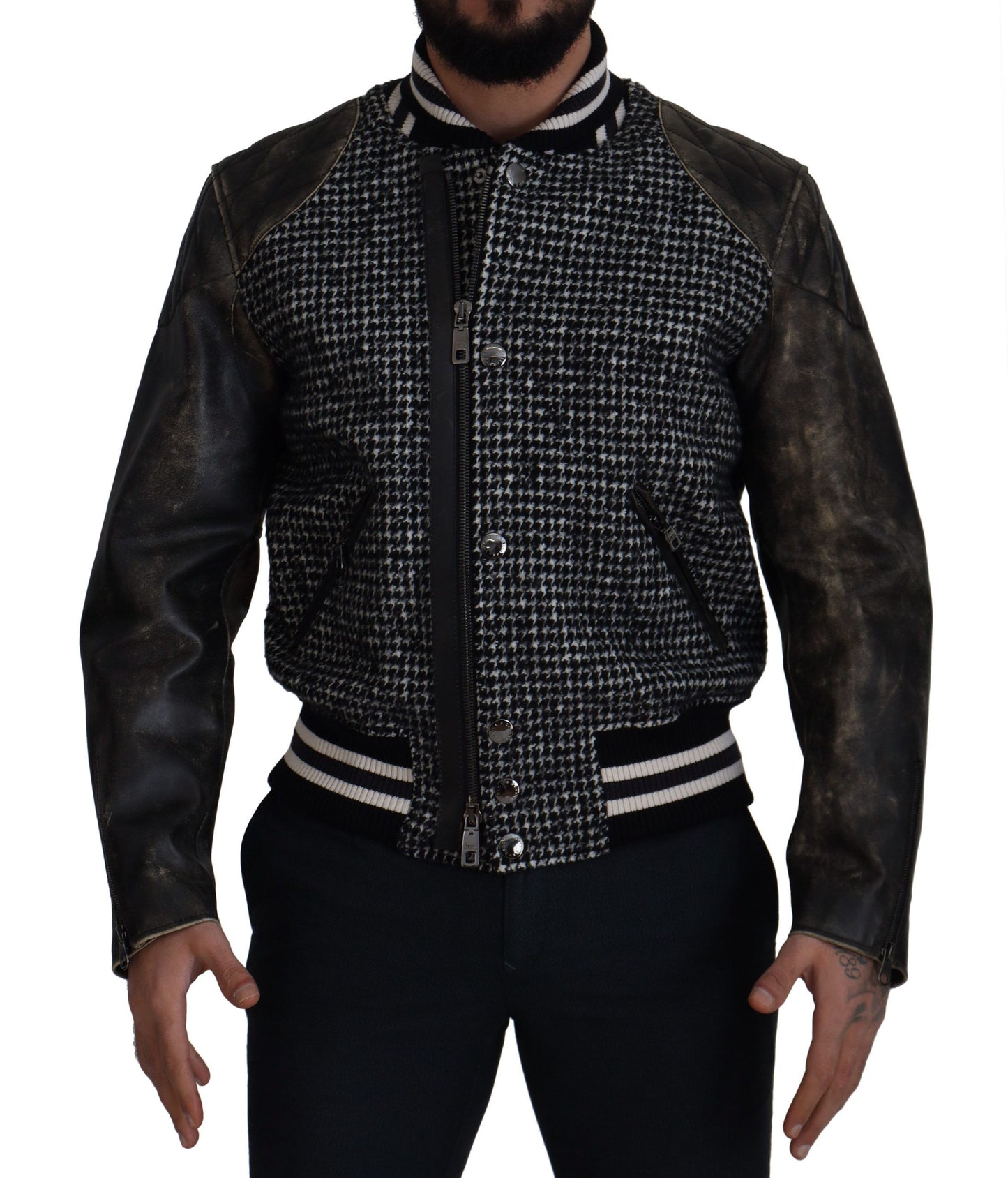 - Multicolor Houndstooth Leather Bomber Jacket