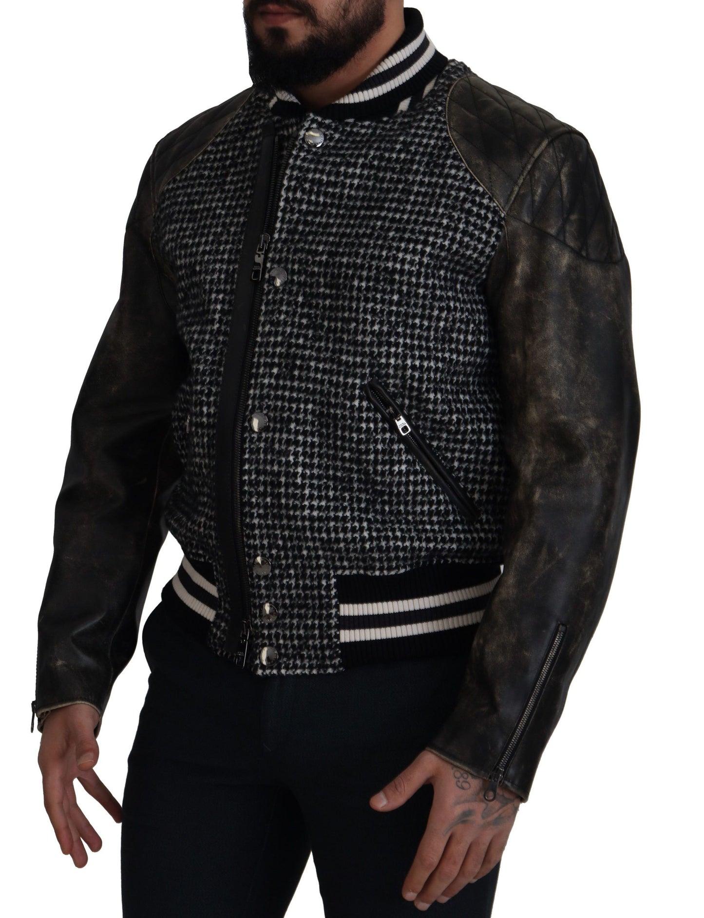 - Multicolor Houndstooth Leather Bomber Jacket