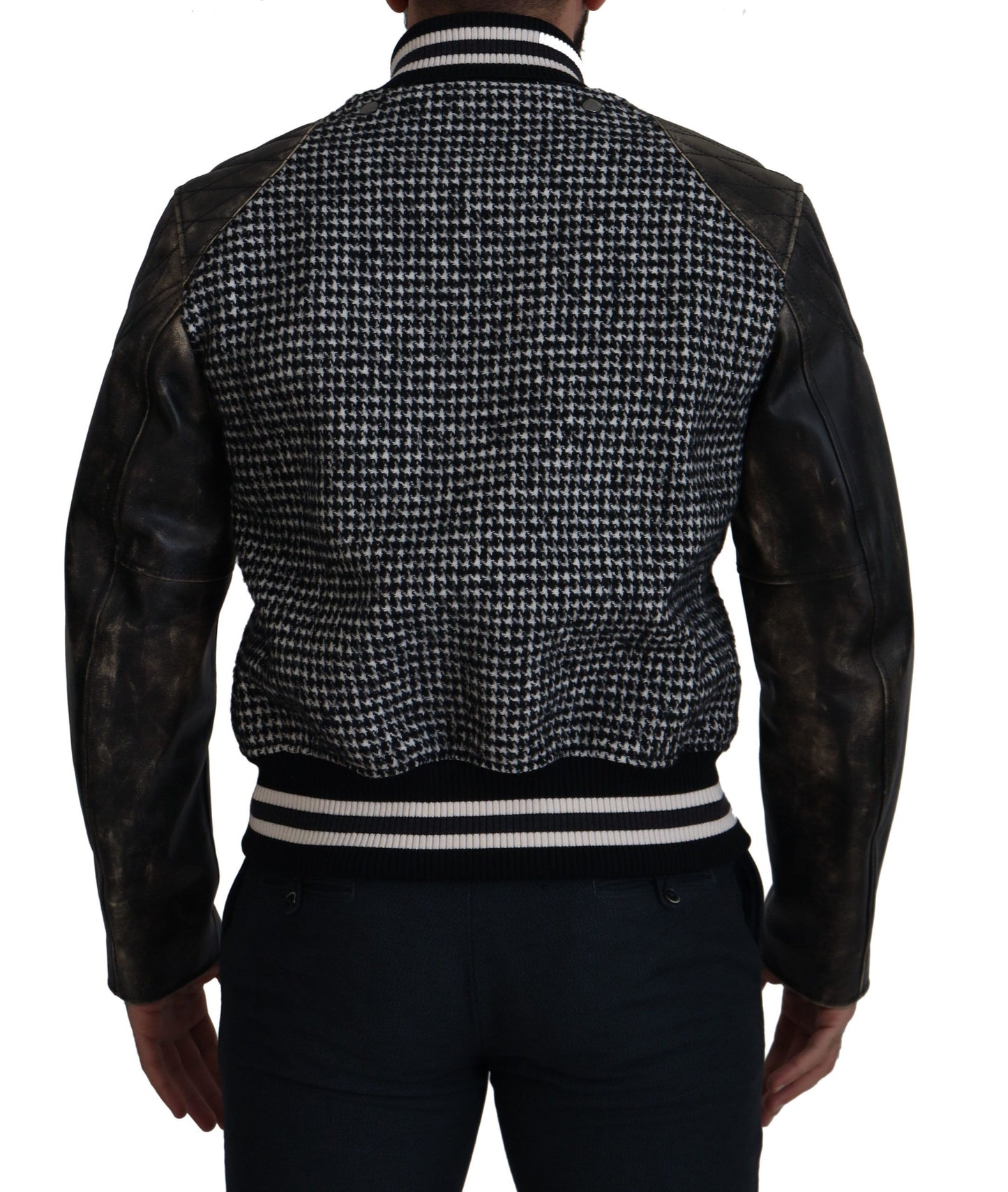 - Multicolor Houndstooth Leather Bomber Jacket