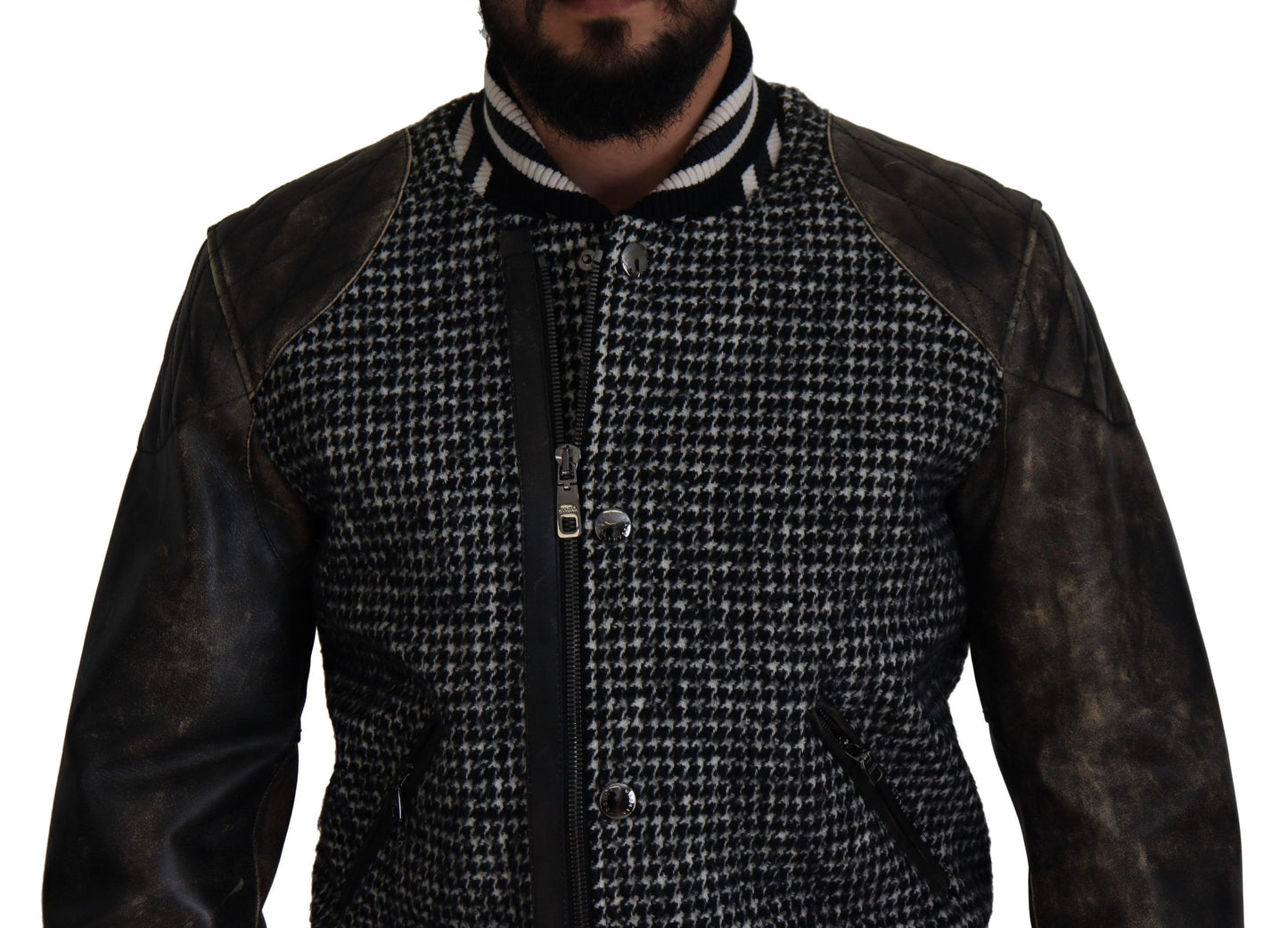 - Multicolor Houndstooth Leather Bomber Jacket