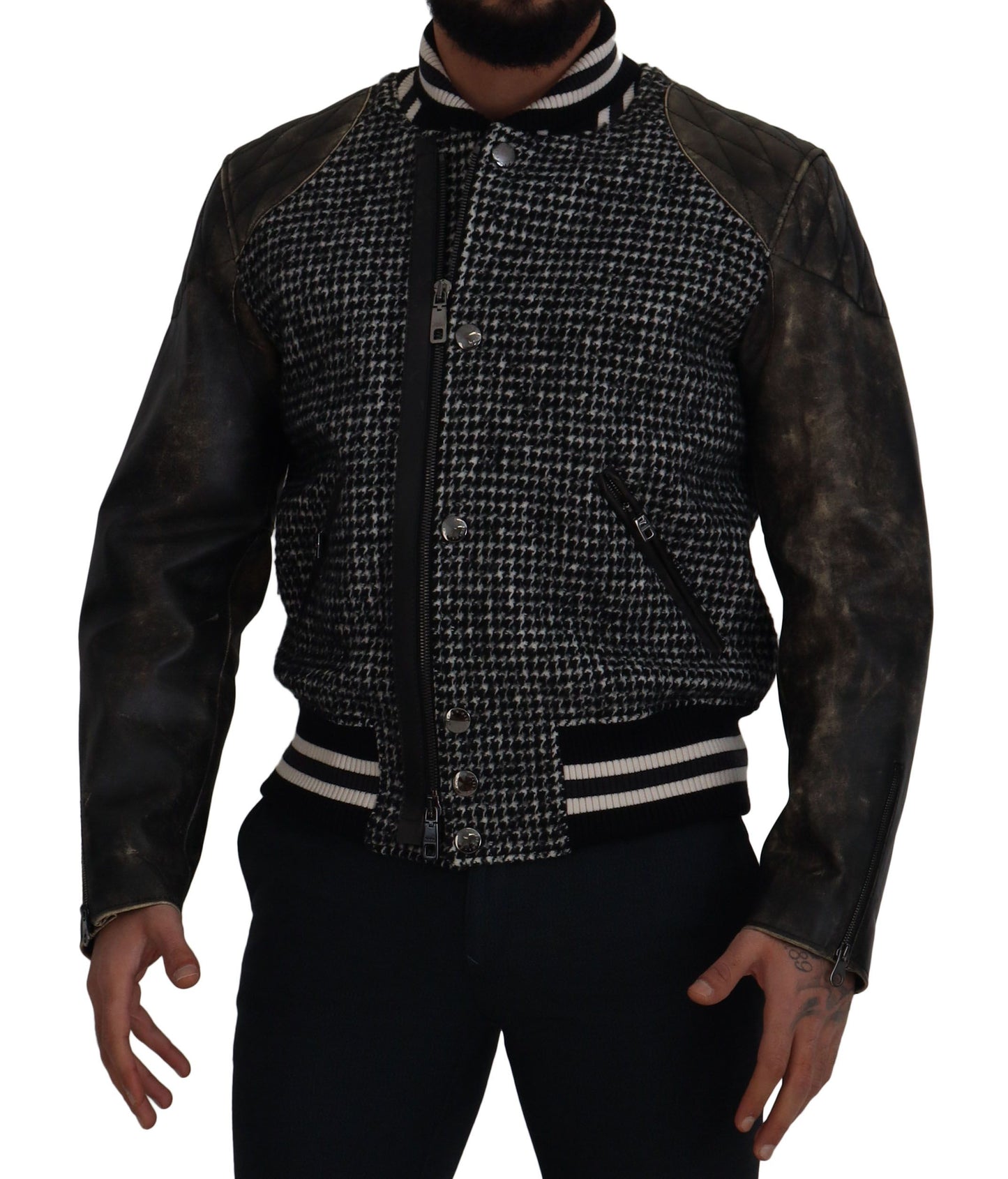 - Multicolor Houndstooth Leather Bomber Jacket