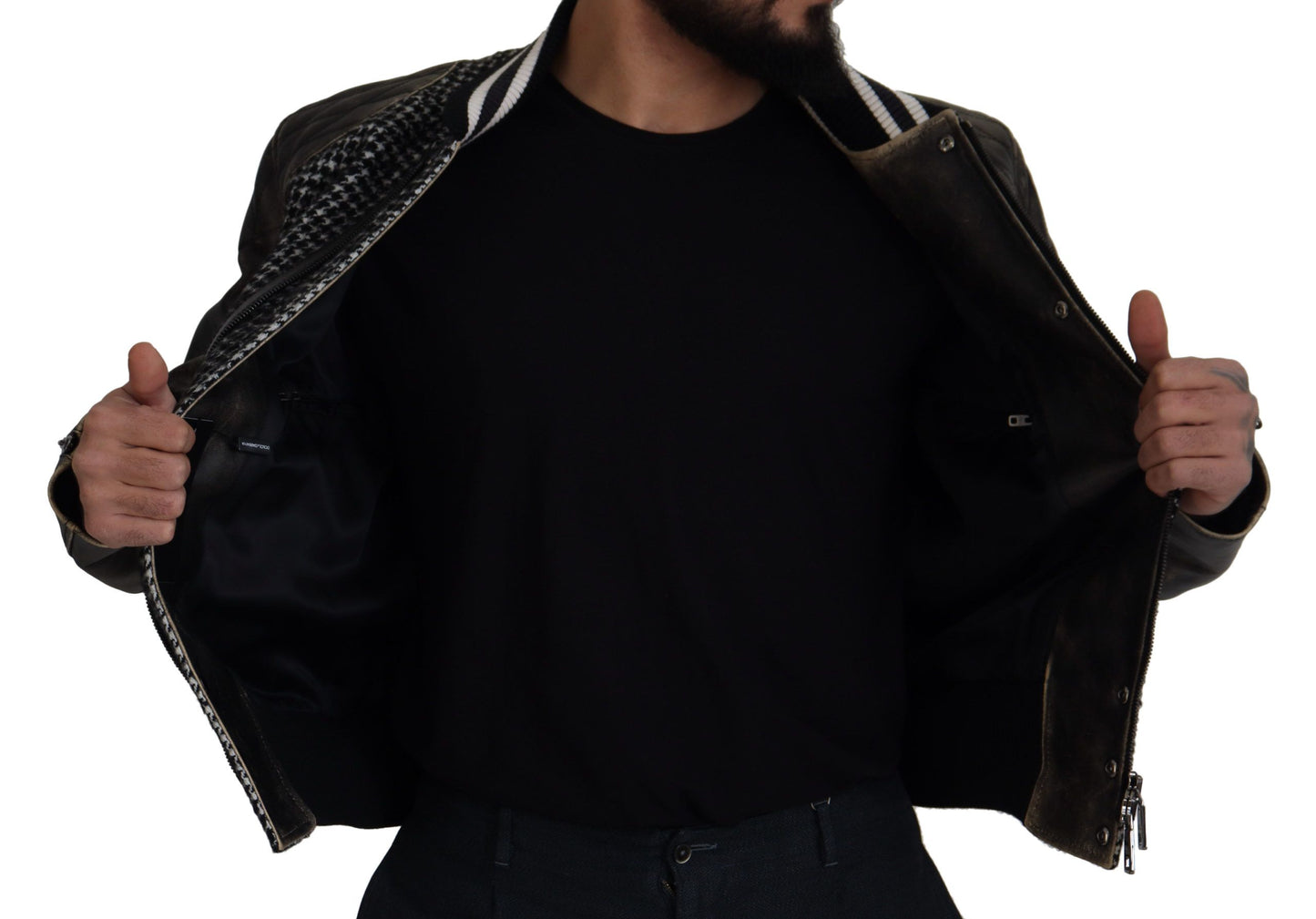 - Multicolor Houndstooth Leather Bomber Jacket