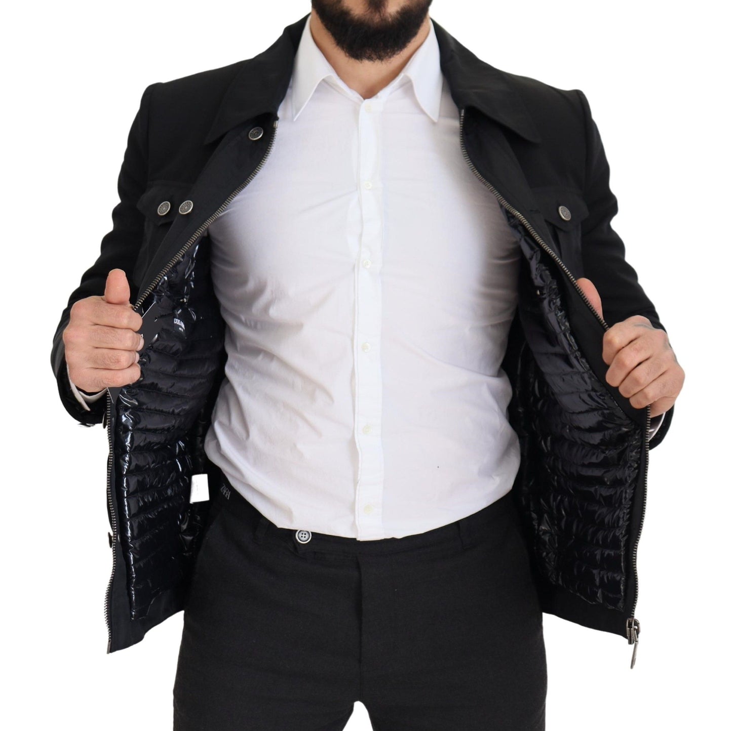 Elegant Full Zip Black Wool Blend Jacket - The Luxe Alliance