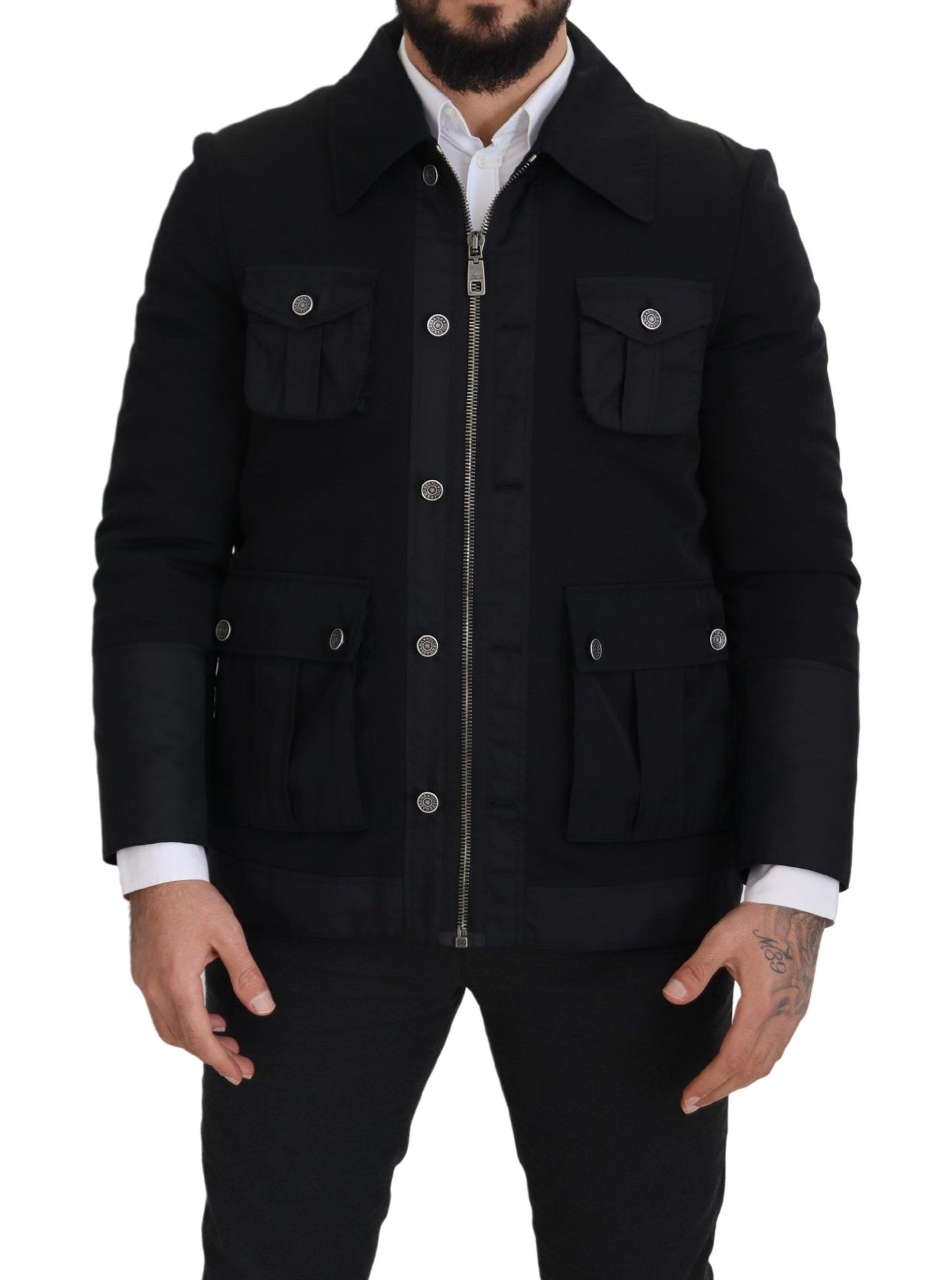 Elegant Full Zip Black Wool Blend Jacket - The Luxe Alliance