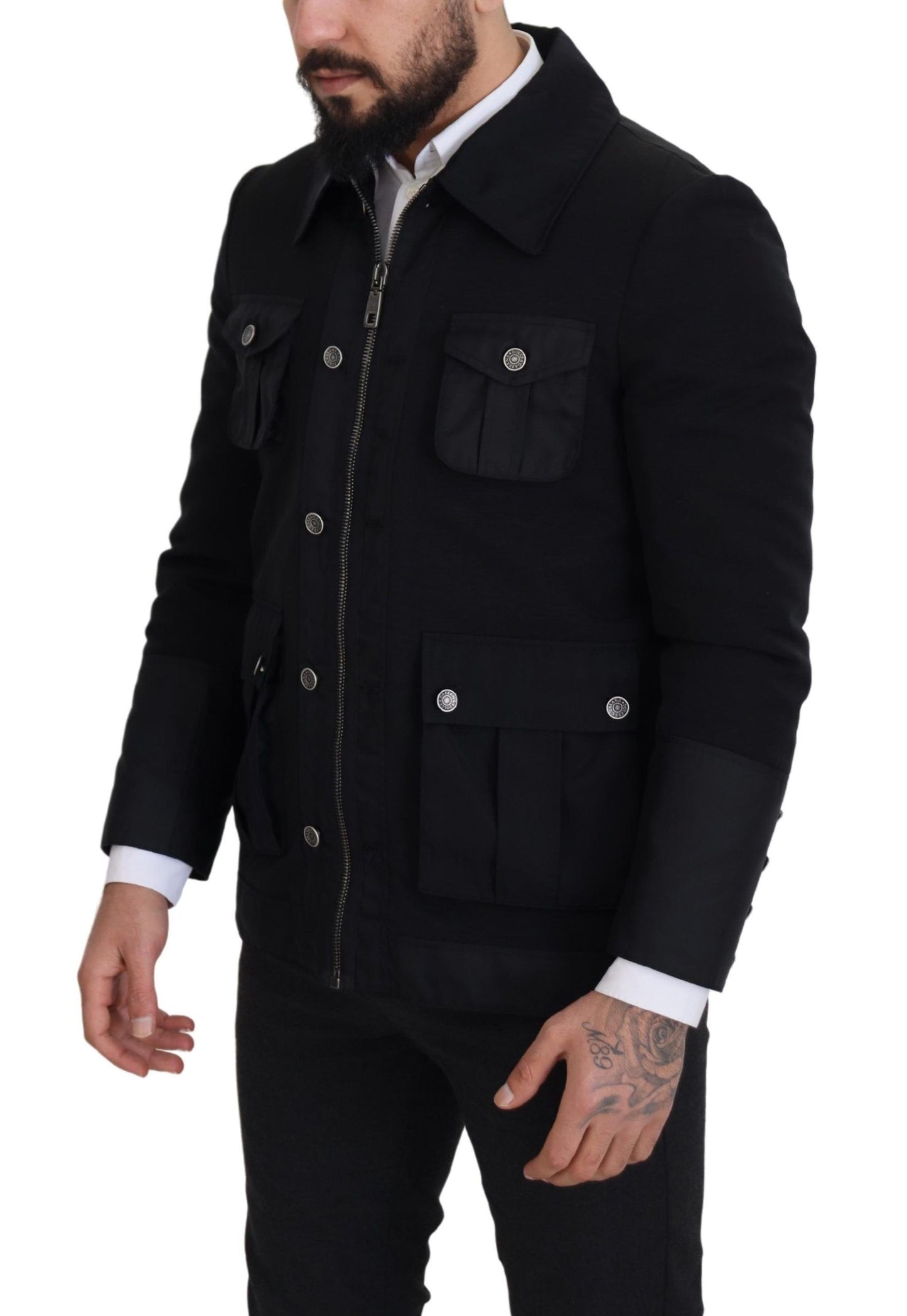 Elegant Full Zip Black Wool Blend Jacket - The Luxe Alliance