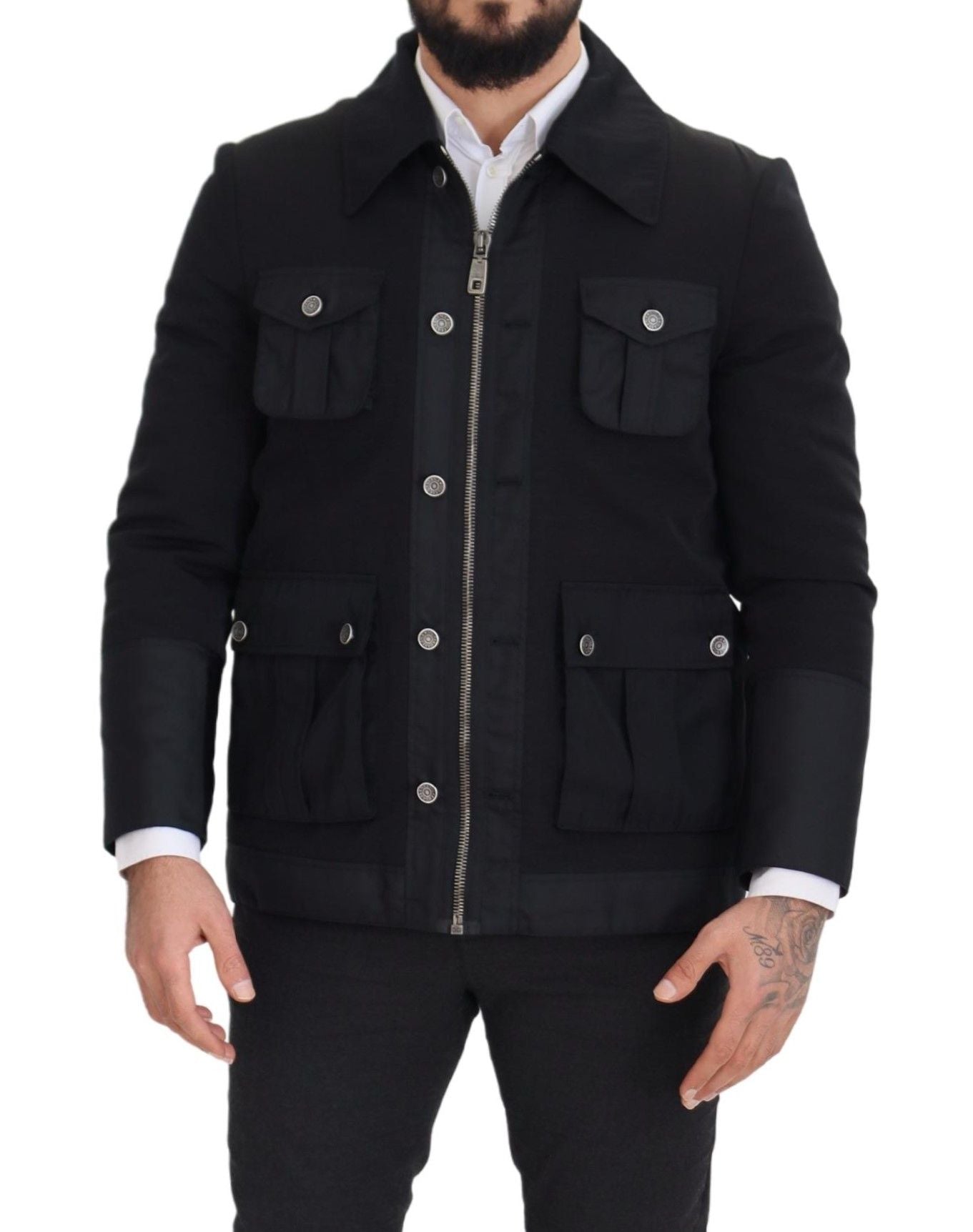 Elegant Full Zip Black Wool Blend Jacket - The Luxe Alliance