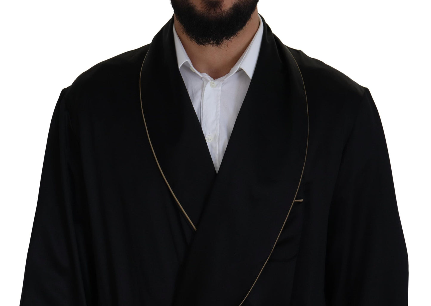 - Elegant Black Silk Long Robe Coat