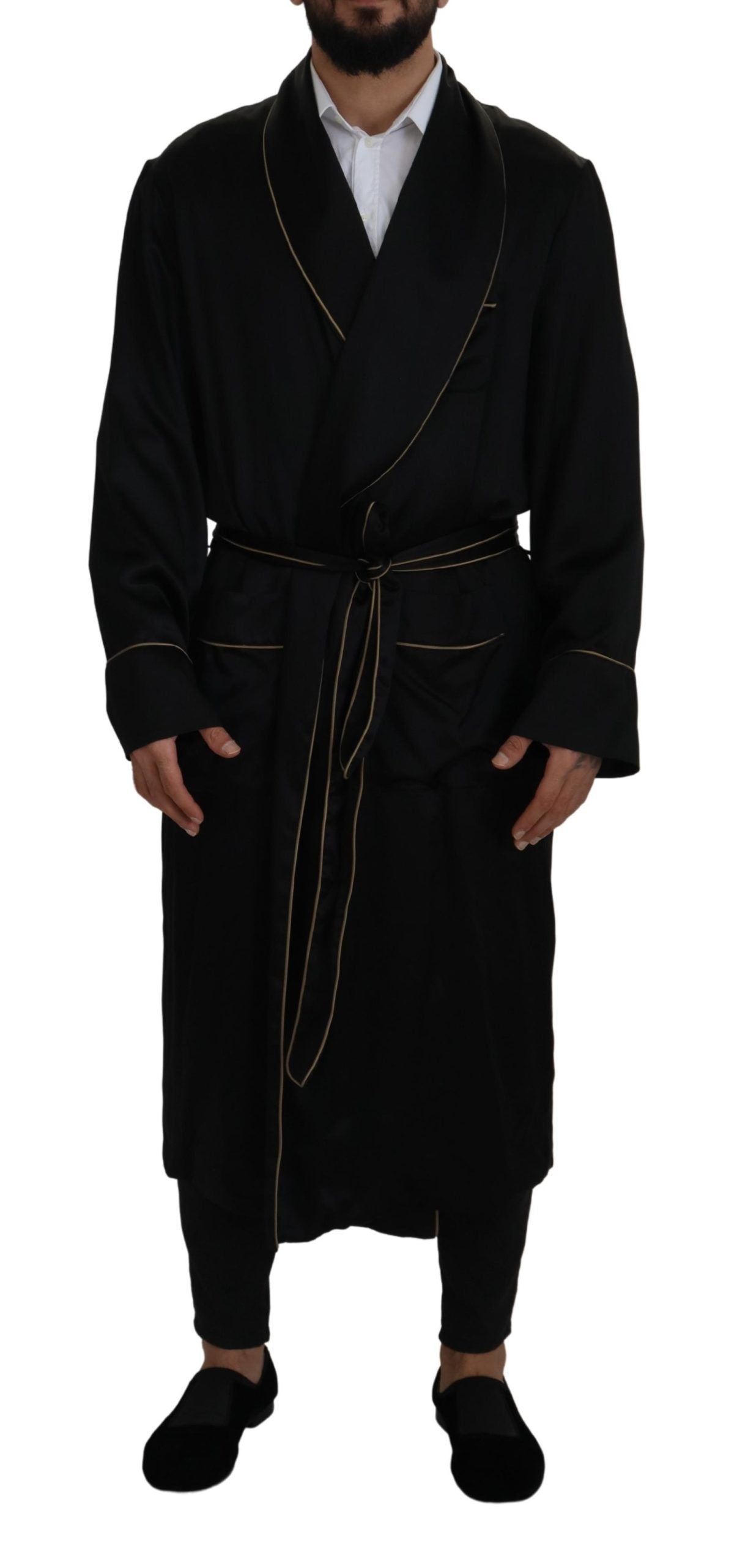 - Elegant Black Silk Long Robe Coat