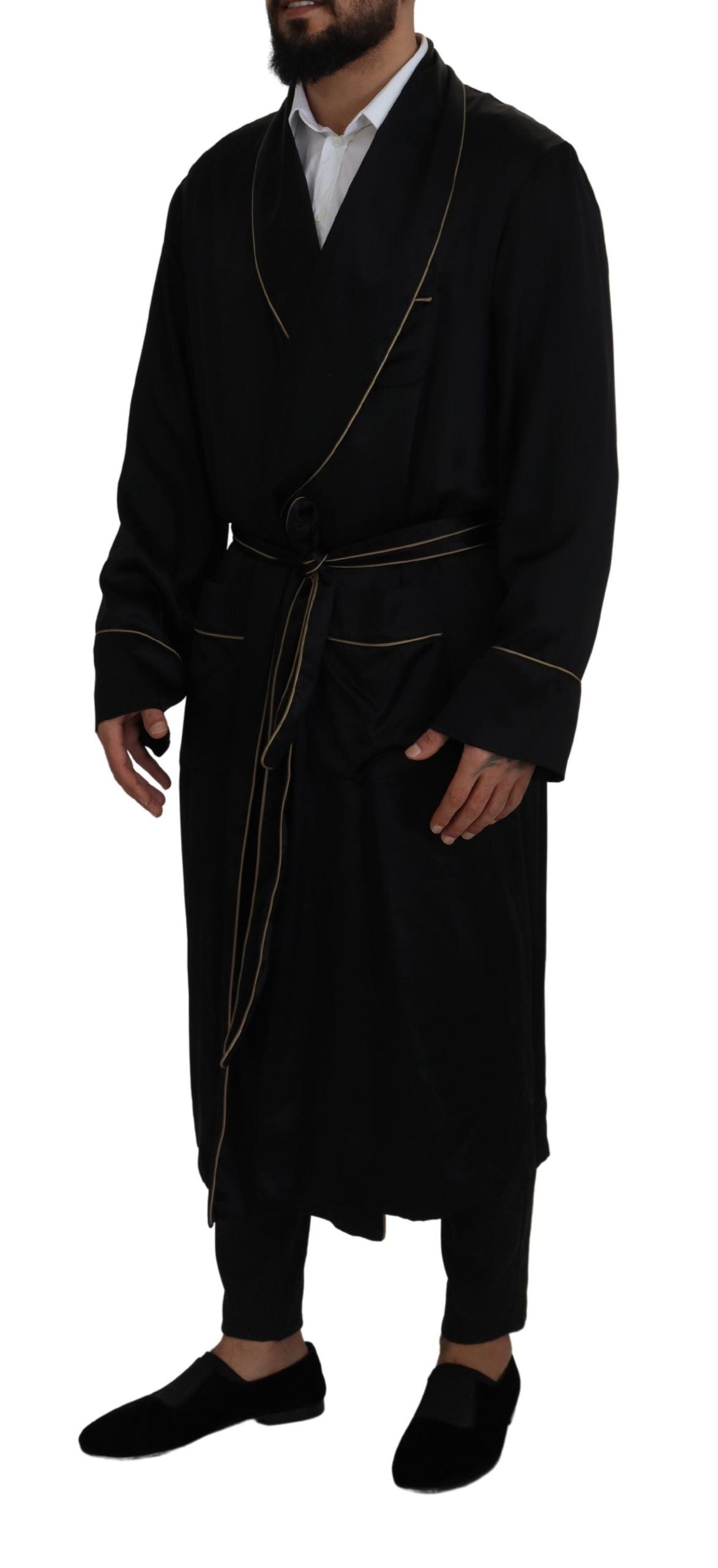 - Elegant Black Silk Long Robe Coat