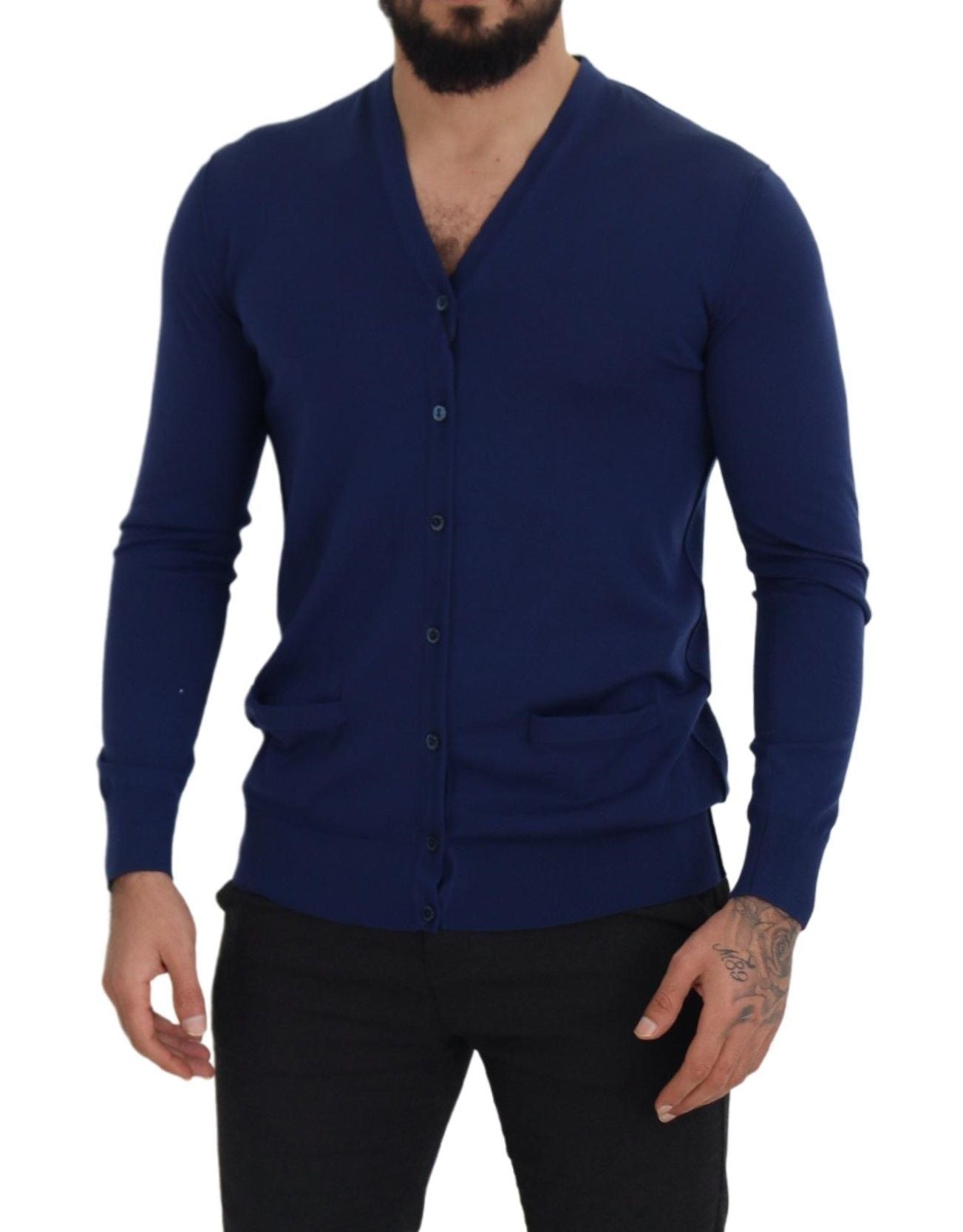 - Elegant Virgin Wool Blue Cardigan Sweater