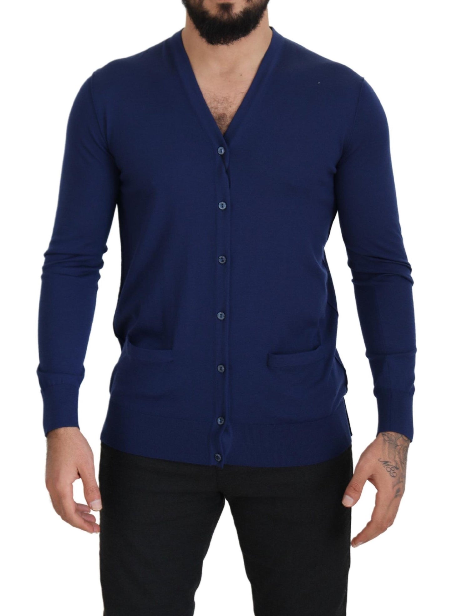 - Elegant Virgin Wool Blue Cardigan Sweater