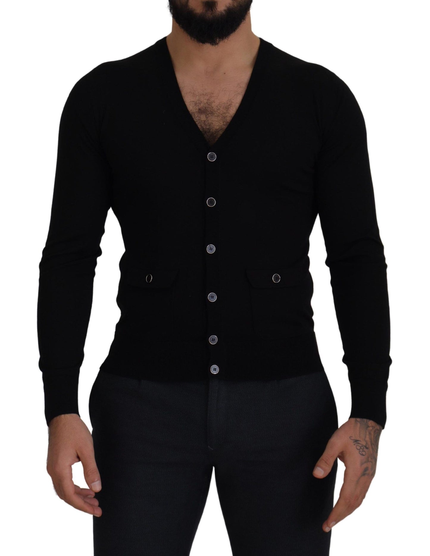 - Elegant Wool Buttoned Black Cardigan