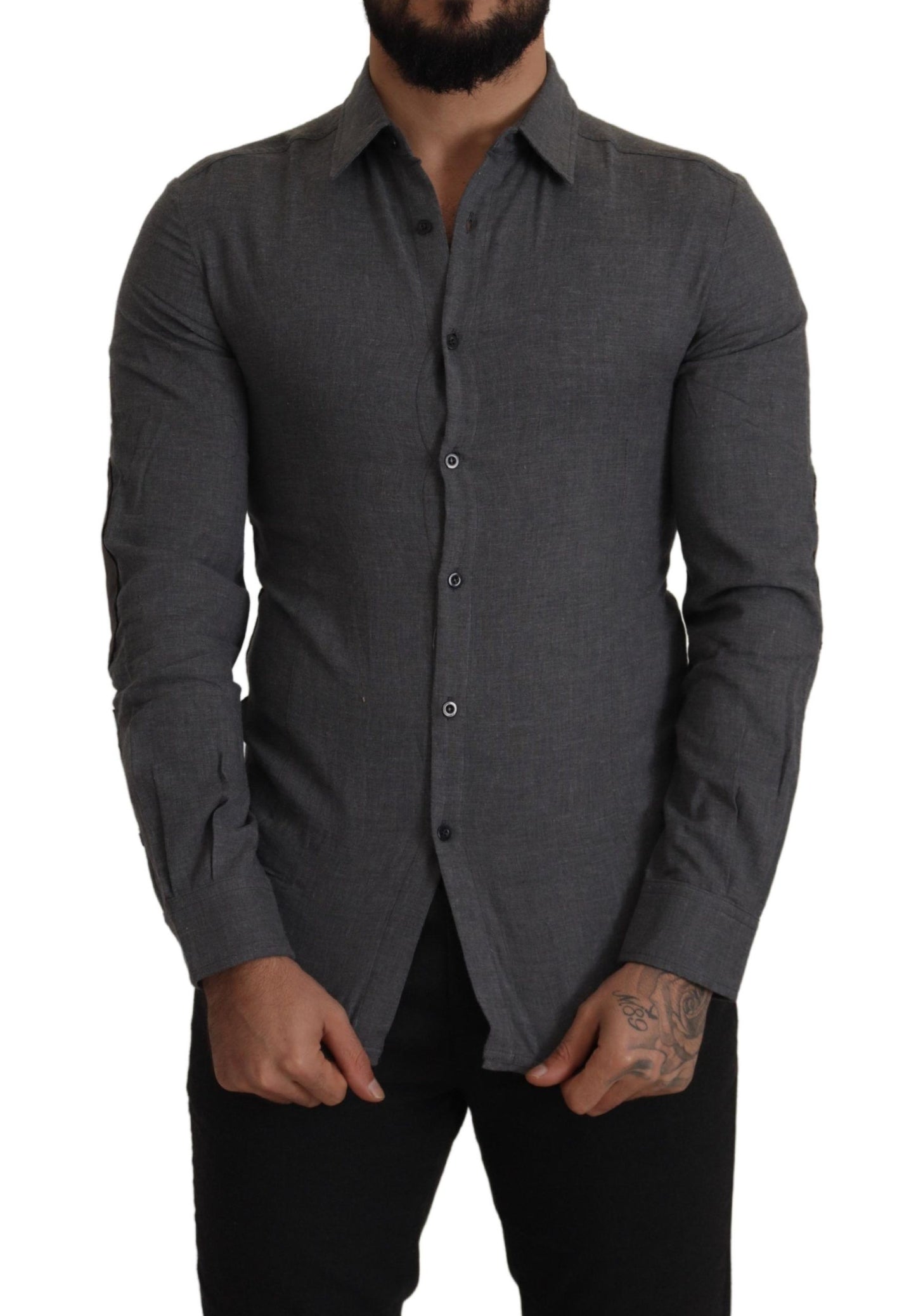 - Sleek Gray Cotton Casual Button Front Shirt