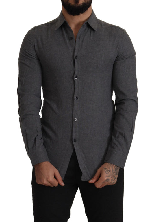 - Sleek Gray Cotton Casual Button Front Shirt