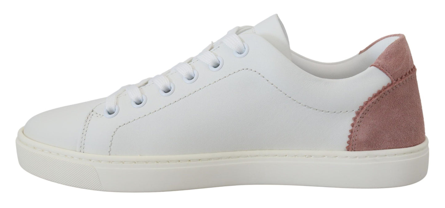 Chic White Pink Leather Low-Top Sneakers by Dolce & Gabbana