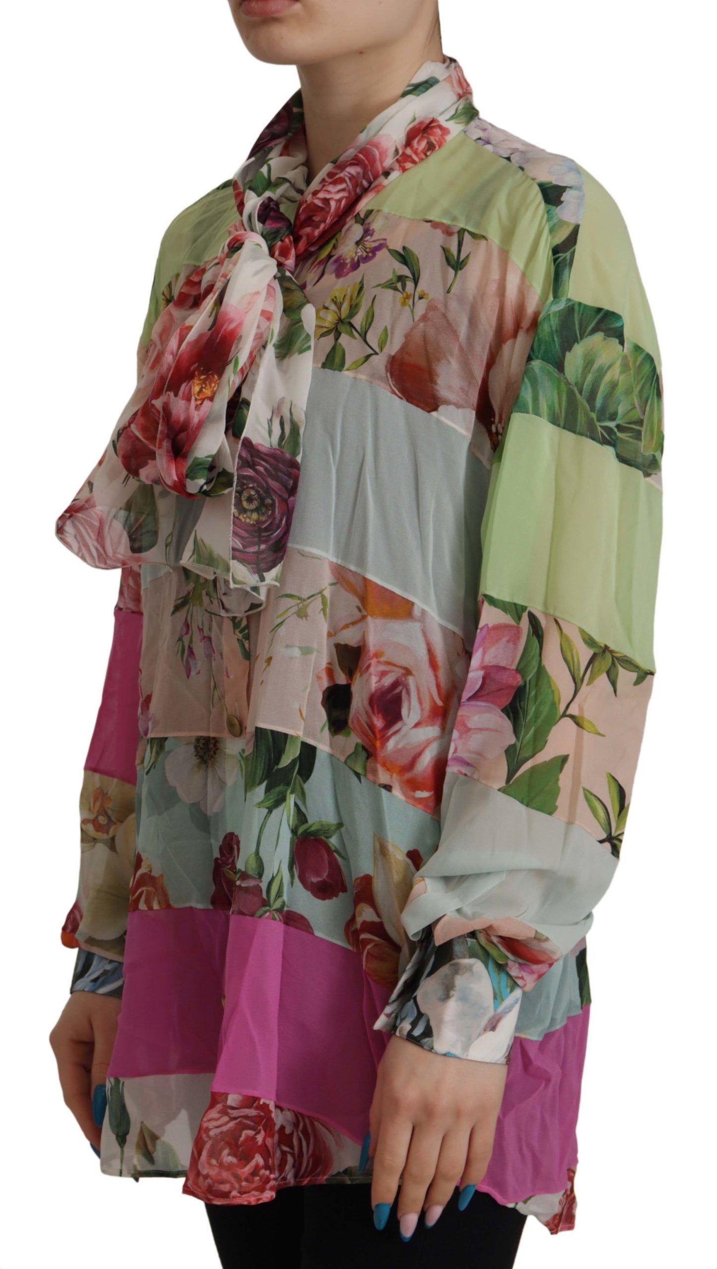 - Elegant Floral Patchwork Silk Blouse