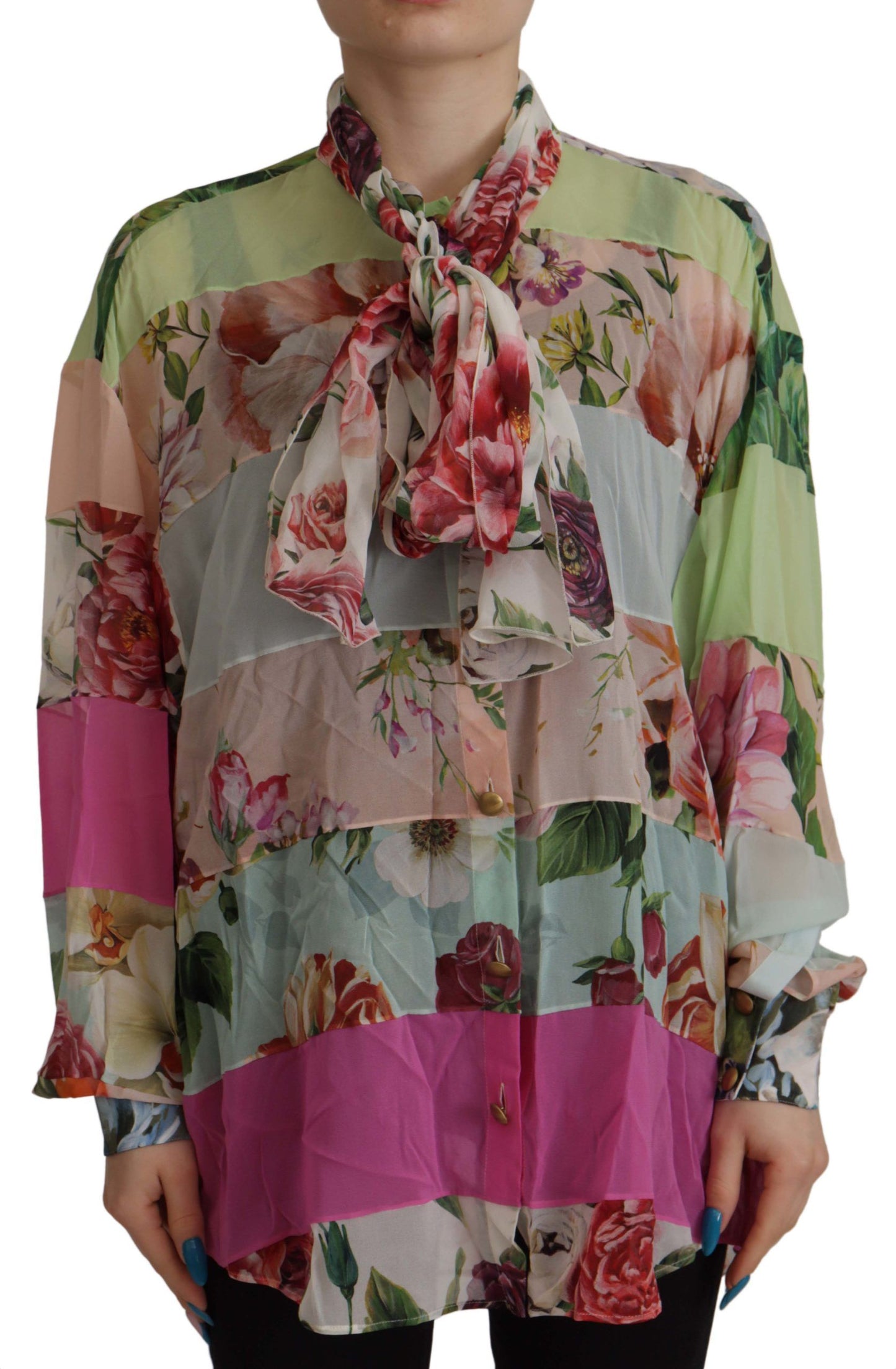 - Elegant Floral Patchwork Silk Blouse